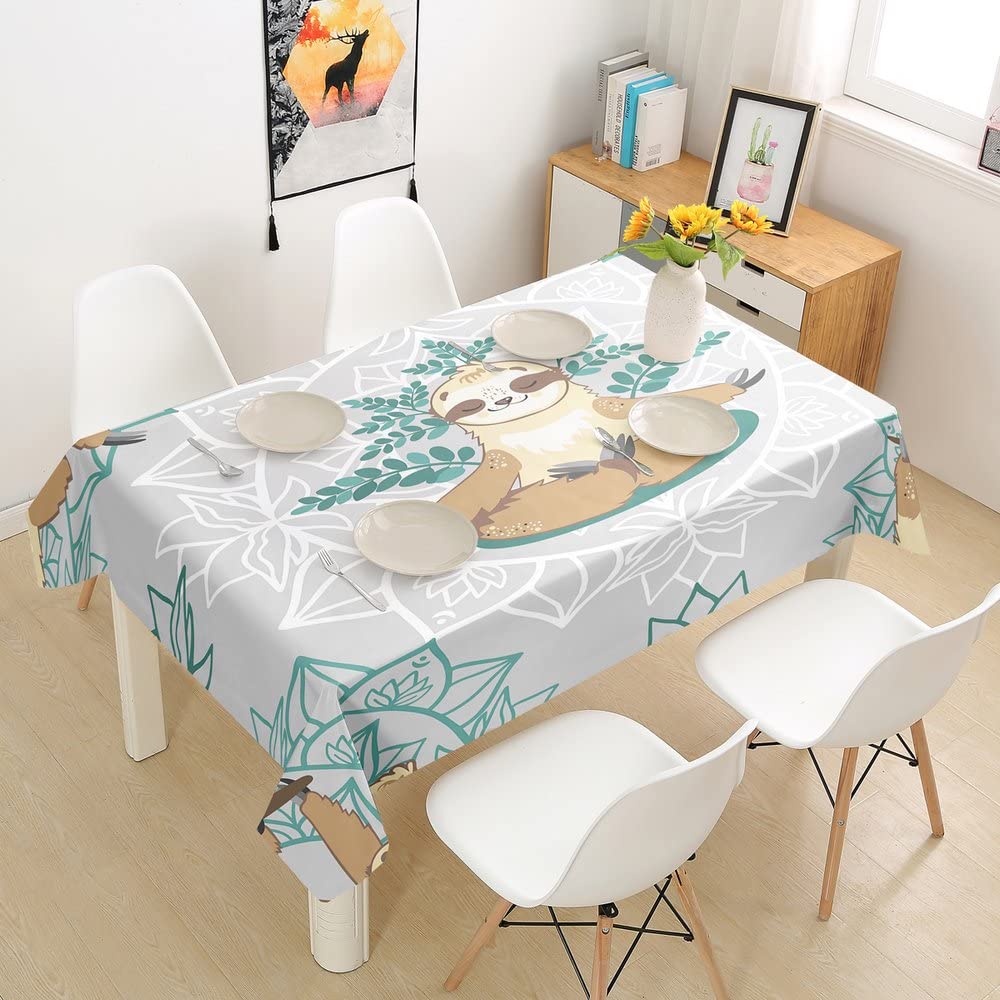 Castle Fairy Cute Sloth Print Washable Tablecloth - 55 x 71 Inch Rectangle/Oblong Cotton Table Cover for Dining, Picnic, Yoga & Home Decor - Animal Theme Kitchen & Outdoor Party Table Setting