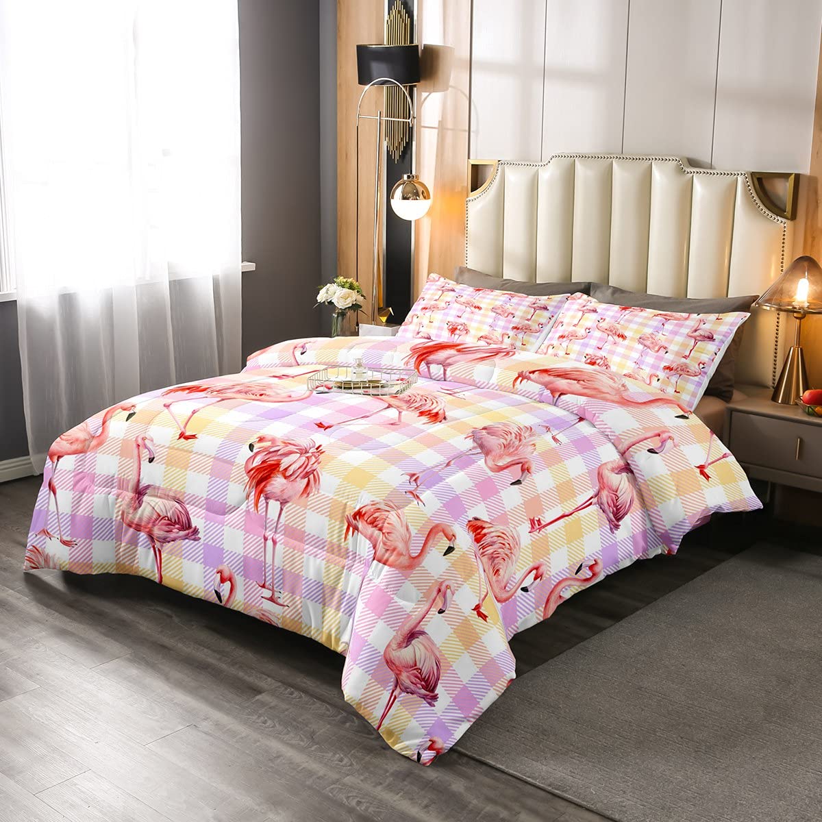 Stylish Flamingo Comforter Set - Full Size Tropical Animal Print Bedding in Yellow & Purple Grid, All-Season Down Alternative Duvet with 2 Pillowcases - Perfect for Boho Chic & Farmhouse Bedroom Decor