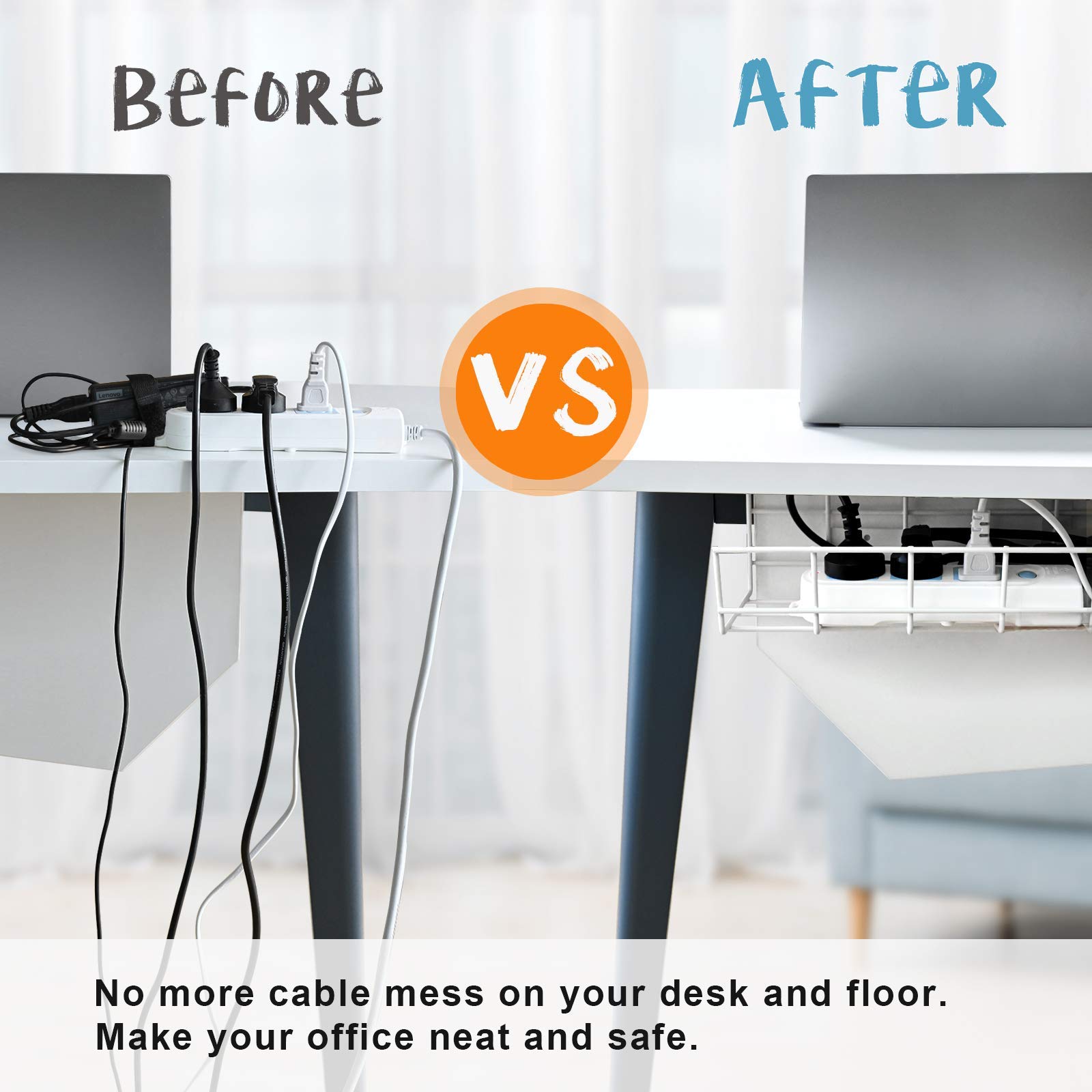 Under Desk Cable Tray Organizer - 2 Pack Metal Wire Management Raceway for Office, Home & Studio | Heavy Duty Cord Organizer for Computer Desk (White) | Perfect for Home Office Setup & Gaming Station Cable Management