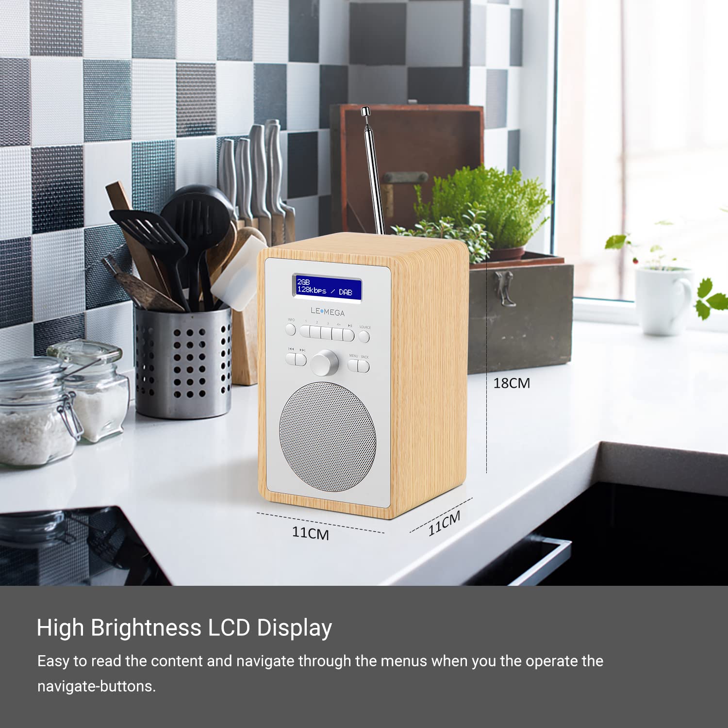 LEMEGA CR2+ DAB/DAB+ Digital Radio with FM, Small Portable DAB Radio with Mains Power, Dual Alarm Clock, Sleep Timer & 20 Preset Stations - White Oak Wood Effect Finish for Kitchen, Bedroom & Office Use