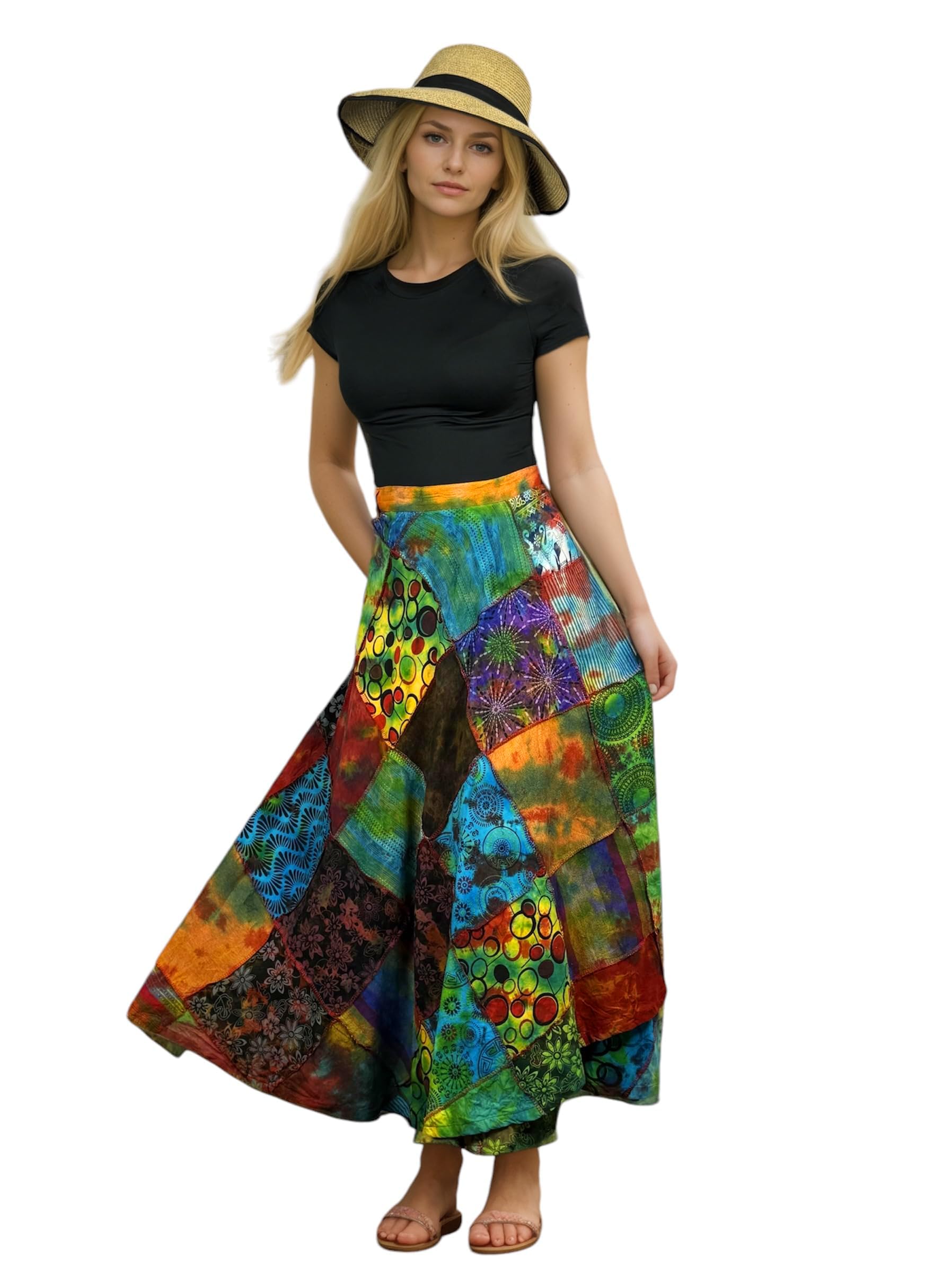 Agan Traders Women’s 2025 Spring & Fall Boho Maxi Skirt - High Waisted Patchwork Wrap Long Skirt with Tie Up Detail | Perfect for Beach, Music Festivals & Bohemian Style Outfits