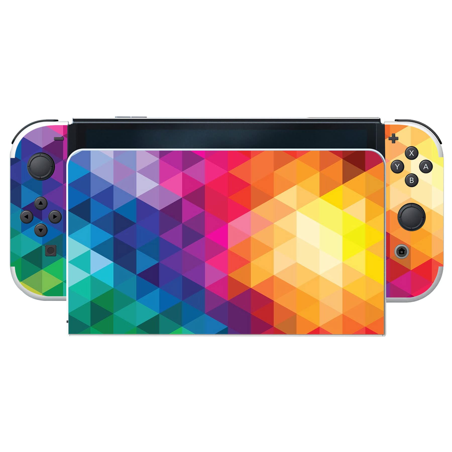 PlayVital Full Set Protective Stickers for Nintendo Switch OLED Model - Custom Vinyl Decal Skins for Switch OLED Console, Joycon, Dock & Grip - Colorful Triangle Design - Perfect for Gaming Protection and Personalization