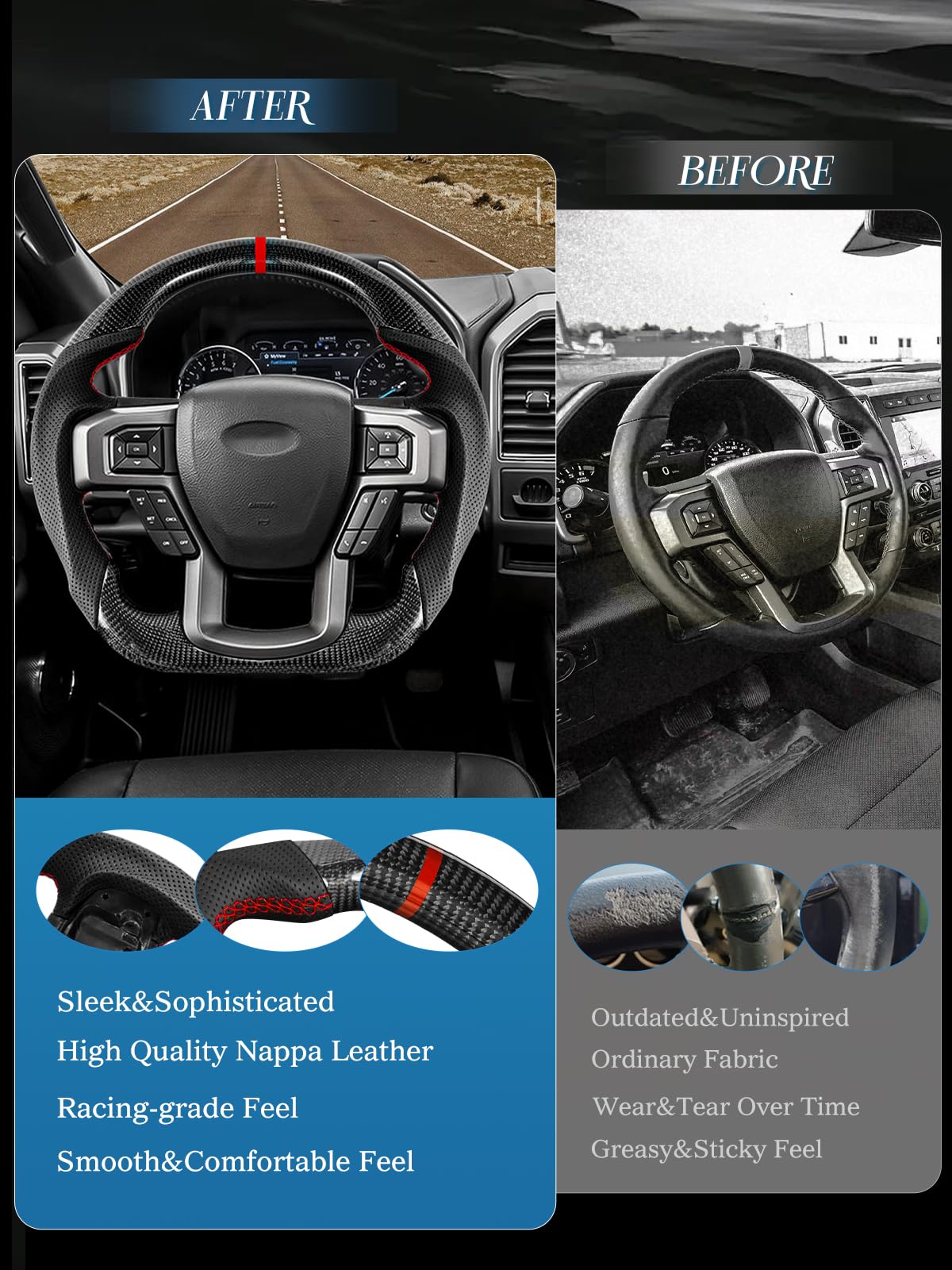 Carbon Fiber Steering Wheel for Ford Raptor 2015-2020 | D-Shaped Flat-Bottom Design | Perforated Leather Grip & Hand-Stitched | Compatible with Paddle Shifters | Upgrade Your Off-Road Driving Experience