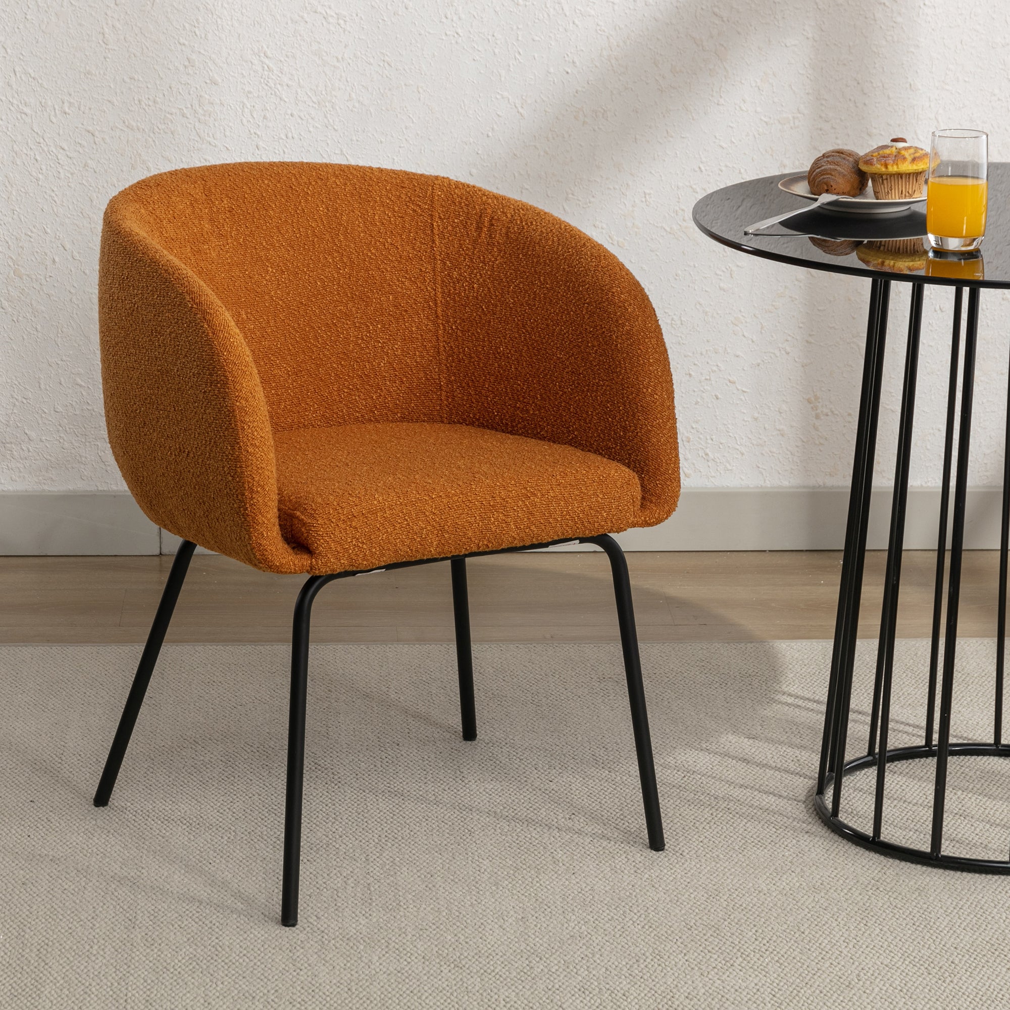 Boucle Fabric Dining Chair with Black Metal Legs - Set of 1 - Modern Upholstered Side Chair for Kitchen, Dining Room & Office