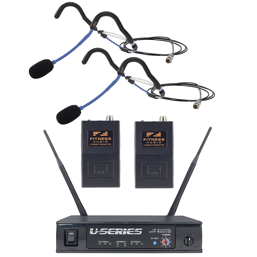 Fitness Audio U Series Heavy Duty Wireless Headset System Bundle with 2 EMic Microphones - Ideal for Gyms, Studios & Group Workouts