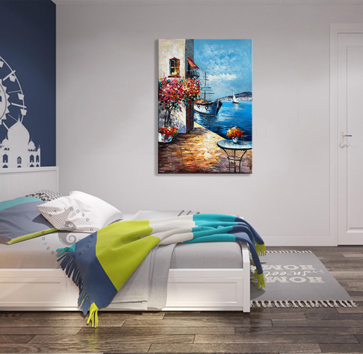Alenoss Handmade Mediterranean Landscape Painting - 28x40 Inches Large 3D Wall Art for Living Room, Bedroom & Office Decor - Framed Abstract Canvas Art with Contemporary Texture - Perfect for Modern Home & Office Wall Decorations