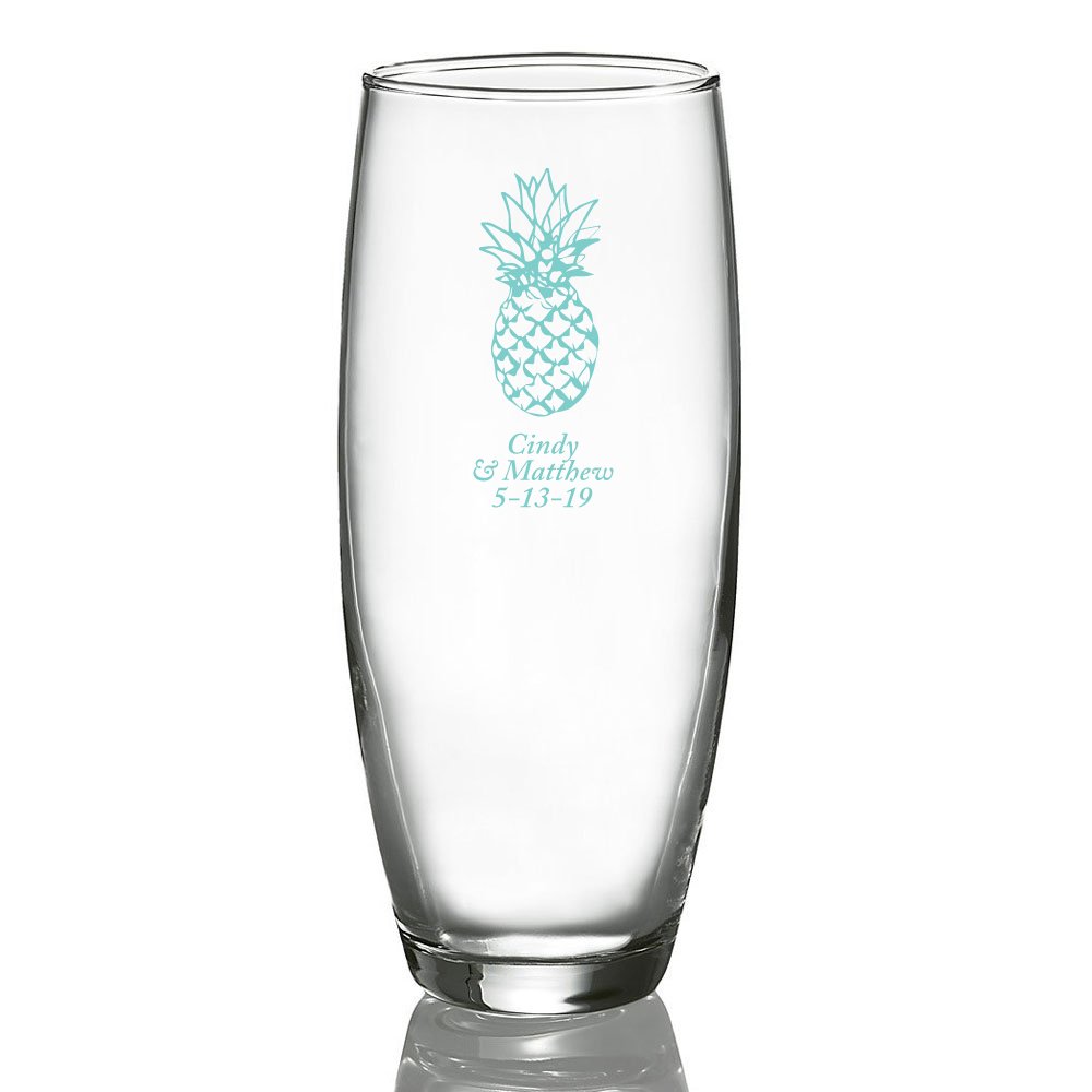 Custom Printed Stemless Champagne Glasses - Pineapple Design in Robin's Egg Blue - Set of 48 - Perfect for Weddings, Bridal Showers & Bachelorette Parties
