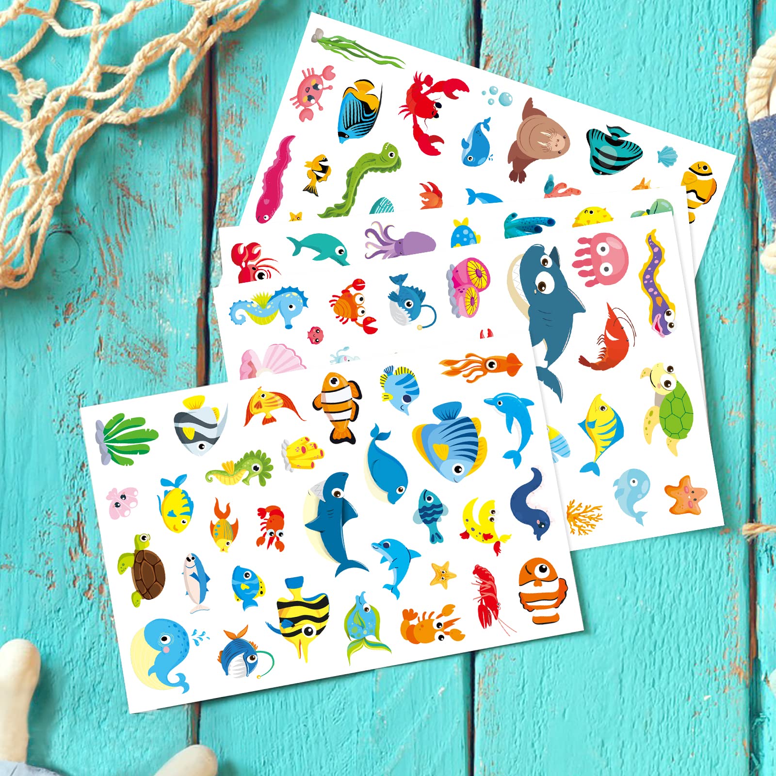 615-Pack Waterproof Sea Animal Temporary Tattoos - Tropical Fish, Shark & Mermaid Designs for Kids Birthday Parties, Summer Crafts & Ocean-Themed Decor | Perfect for Party Favors, Goodie Bags & DIY Art Projects