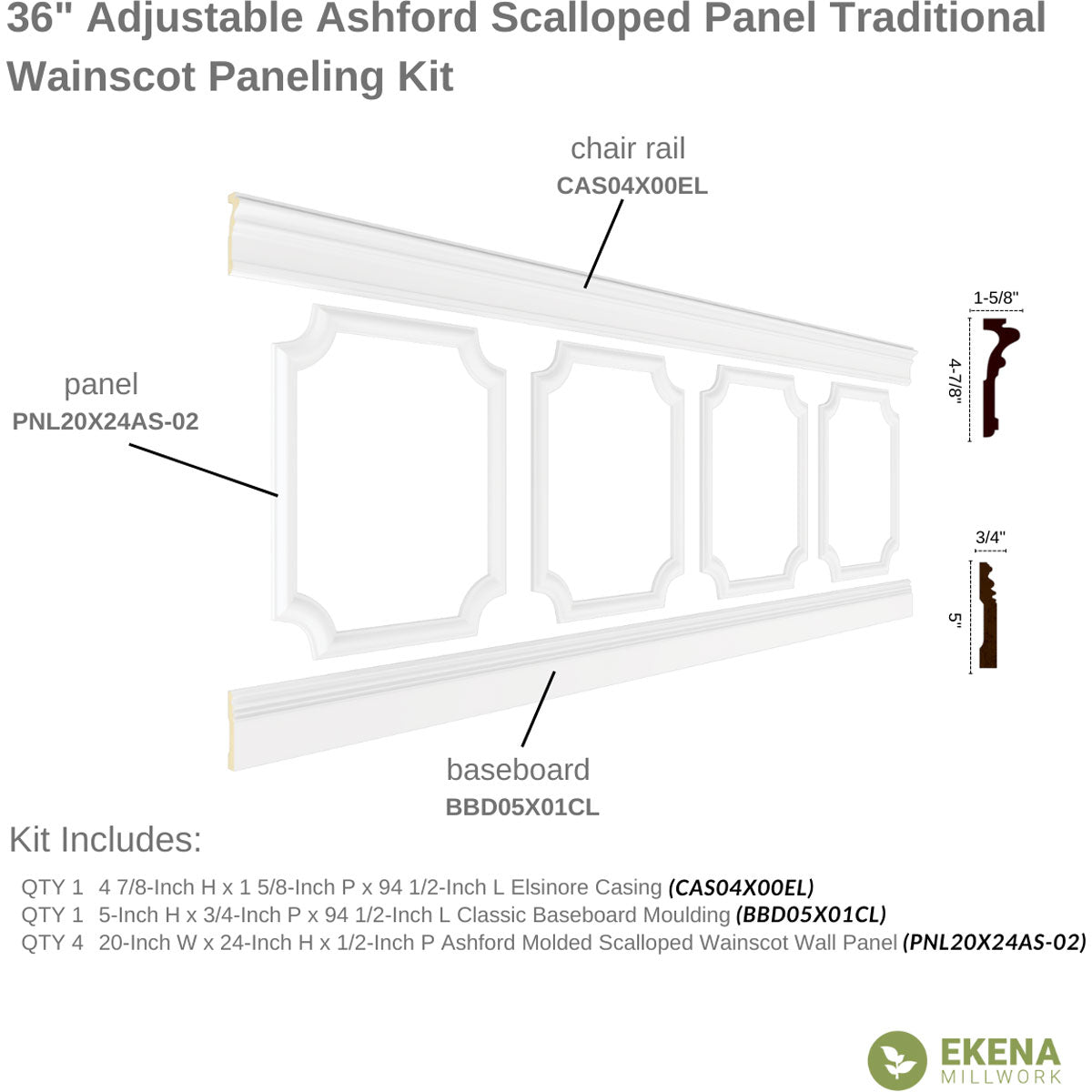 Ashford Traditional Wainscot Paneling Kit - 94.5 Inch Long Premium Wood Wall Paneling for Home & Office Decor | Easy DIY Installation for Living Room, Dining Room & Bedroom