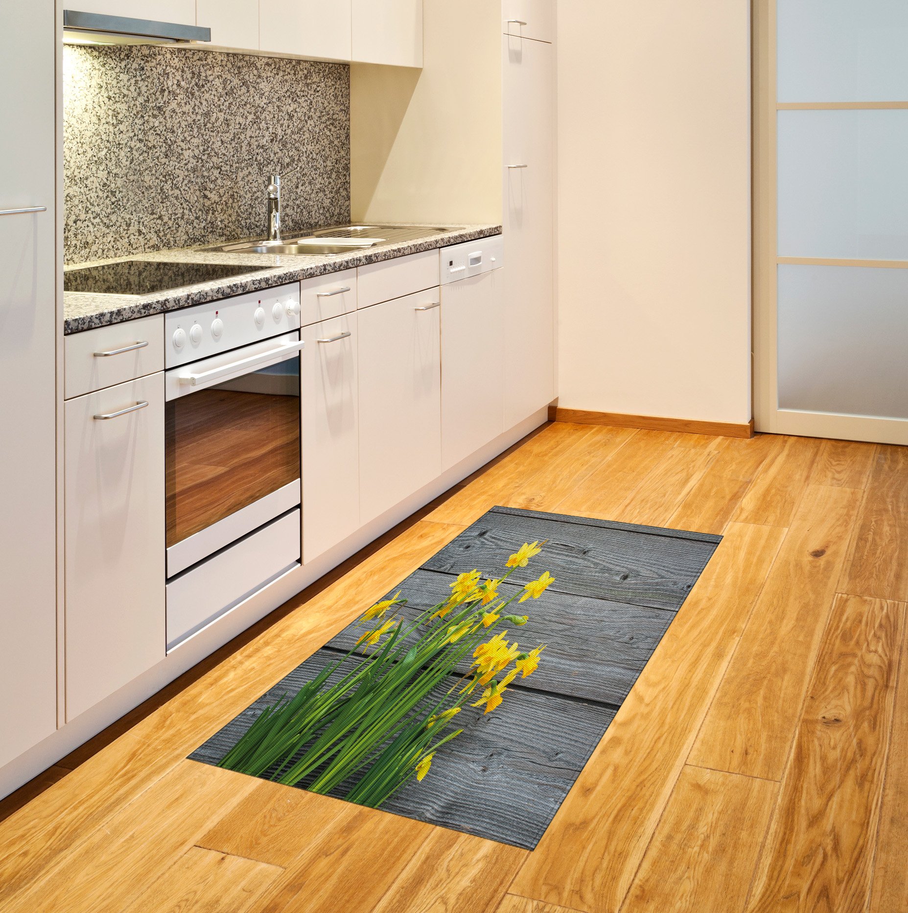 Ambesonne Yellow Flower Area Rug - Daffodil Bouquet on Wood Planks, Rustic Country Style Flat Woven Accent Rug for Living Room, Bedroom & Dining Room, 2'6