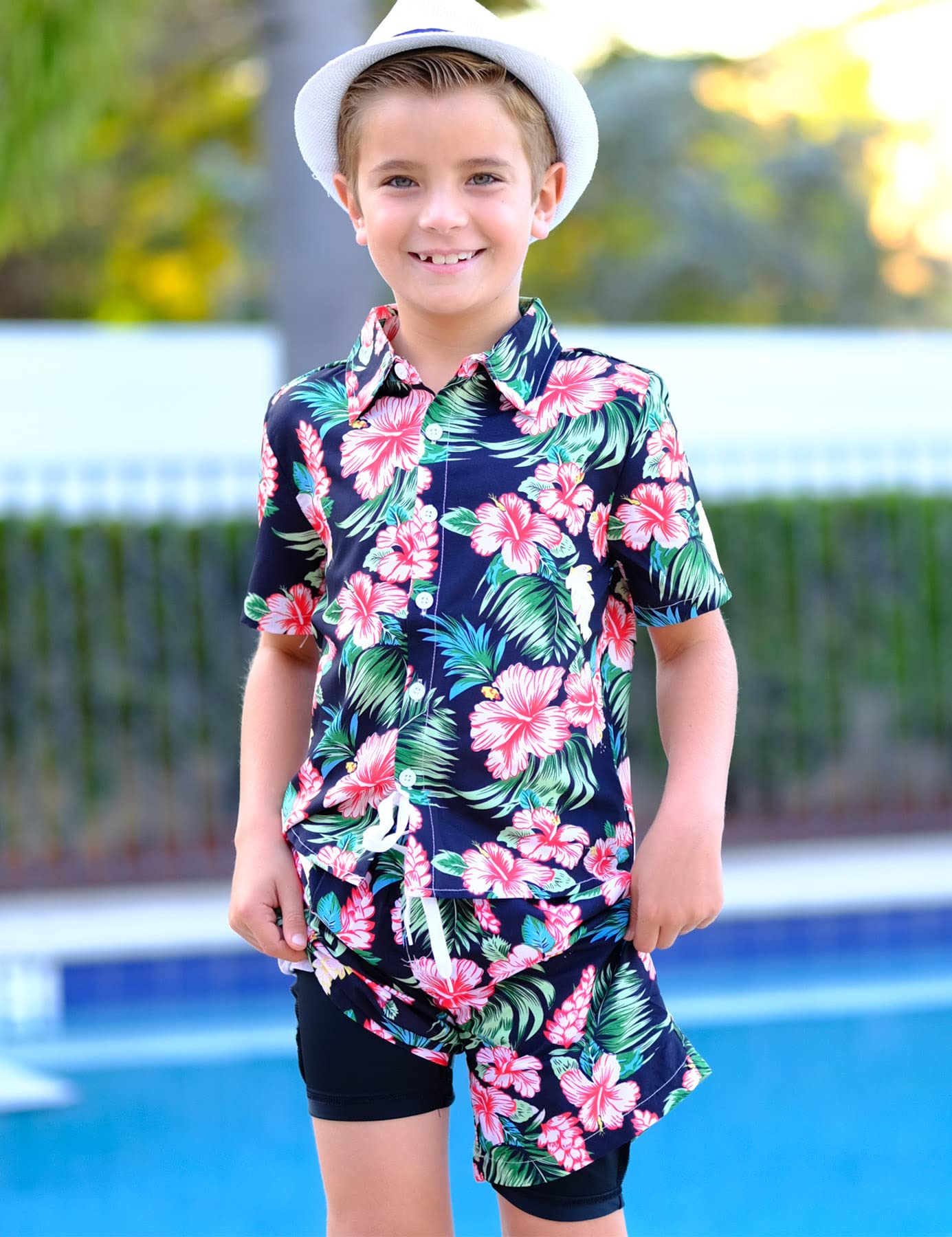 UNICOMIDEA Boys Hawaiian Shirt & Swim Trunks Set - Tropical Print 2-Piece Outfit for Kids 5-12 Years | Beach Vacation, Summer Party, Poolside Fun
