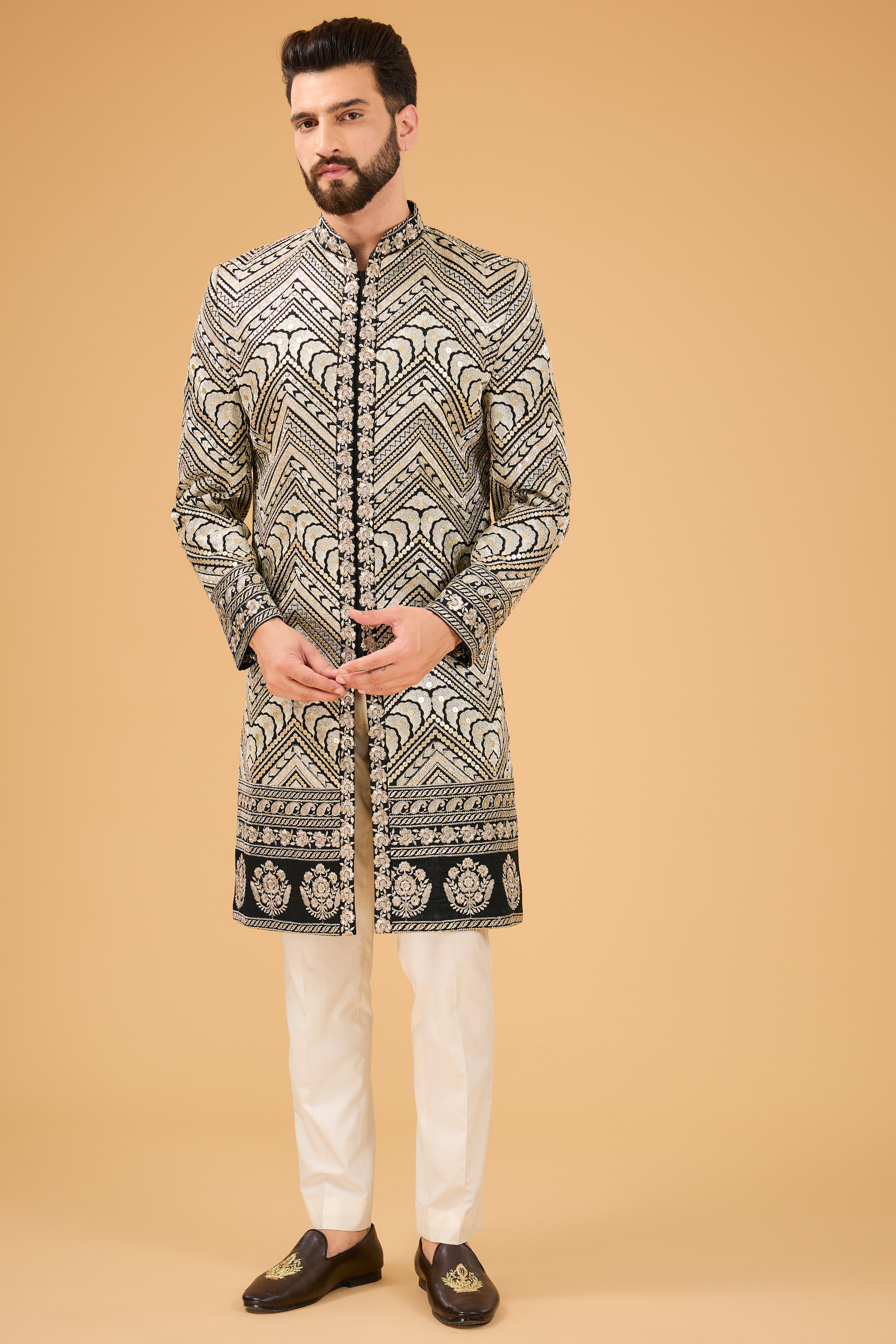 Exclusive Black Embroidered Sherwani with Intricate Zari Work - Perfect for Weddings, Festivals & Special Occasions