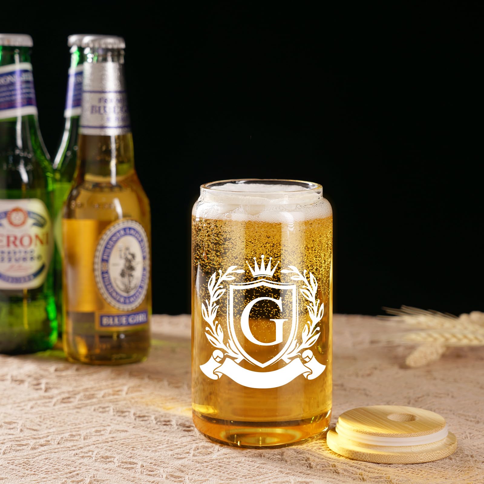 Personalized Monogrammed Beer Can Glass Cup with Lid - Custom Iced Coffee & Beer Tumbler for Men, Women, Dad, Groomsmen - Unique Christmas & Birthday Gift for Beer Lovers, Him, Brother - Perfect for Parties, BBQ, Home Bar & Office Use