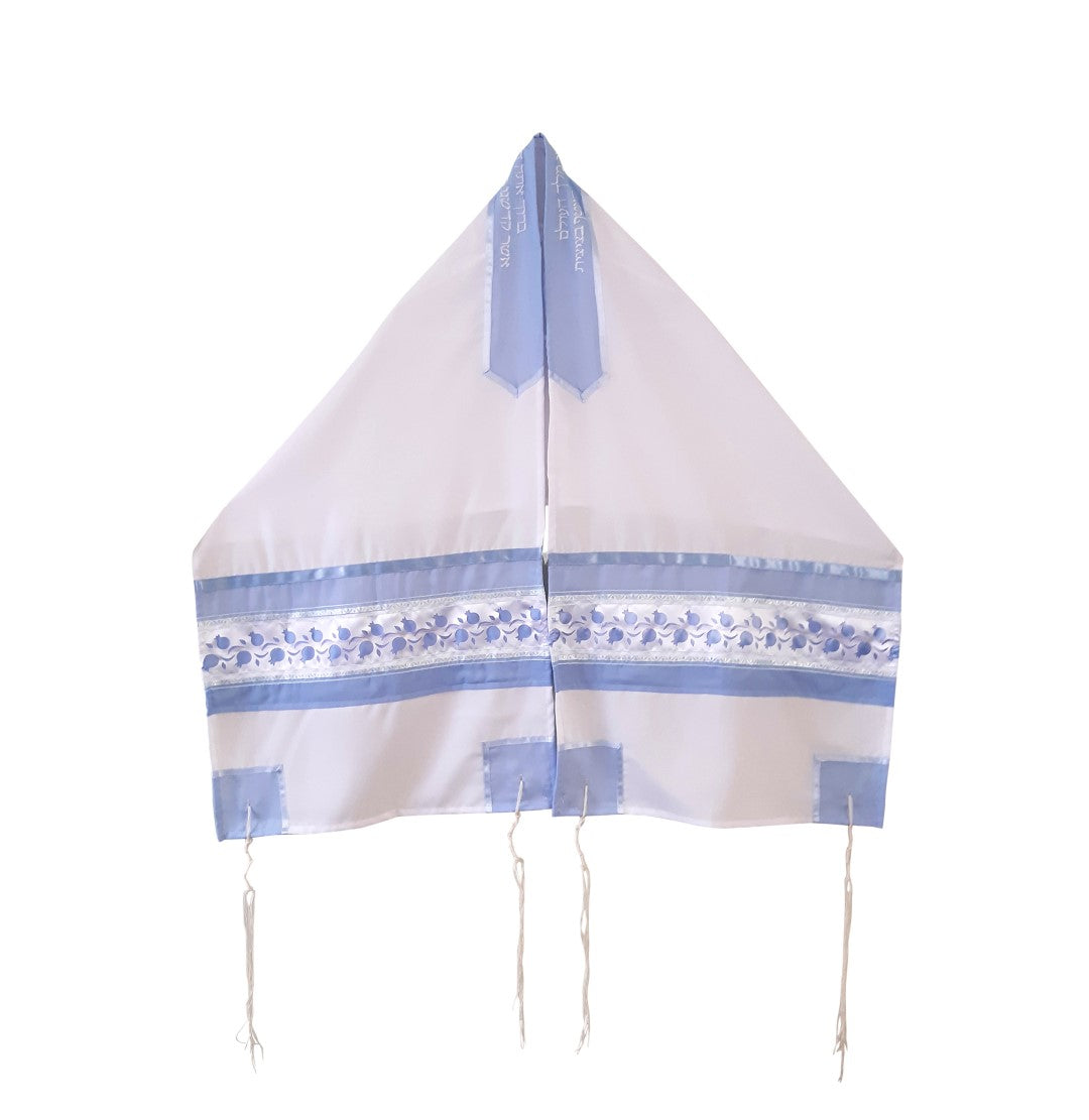 Light Blue Pomegranate Tallit for Women - Elegant Bat Mitzvah Prayer Shawl with Pomegranate Design - Perfect for Synagogue Services, Jewish Ceremonies & Special Occasions