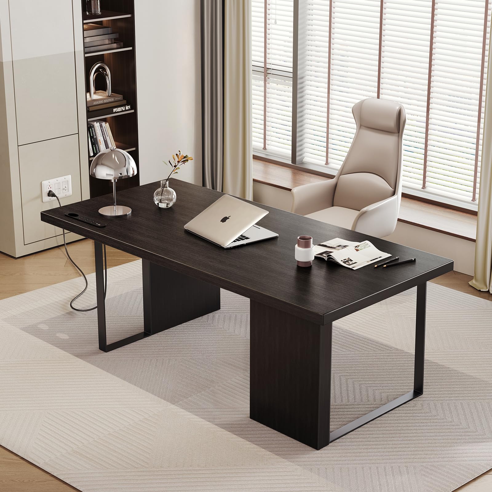 60-Inch Large Executive Desk - Modern Minimalist Wooden Computer Office Desk with Thickened Desktop & Built-in Power Outlet - Home & Business Workstation (Black) - Perfect for Remote Work, Gaming Setup & Office Productivity