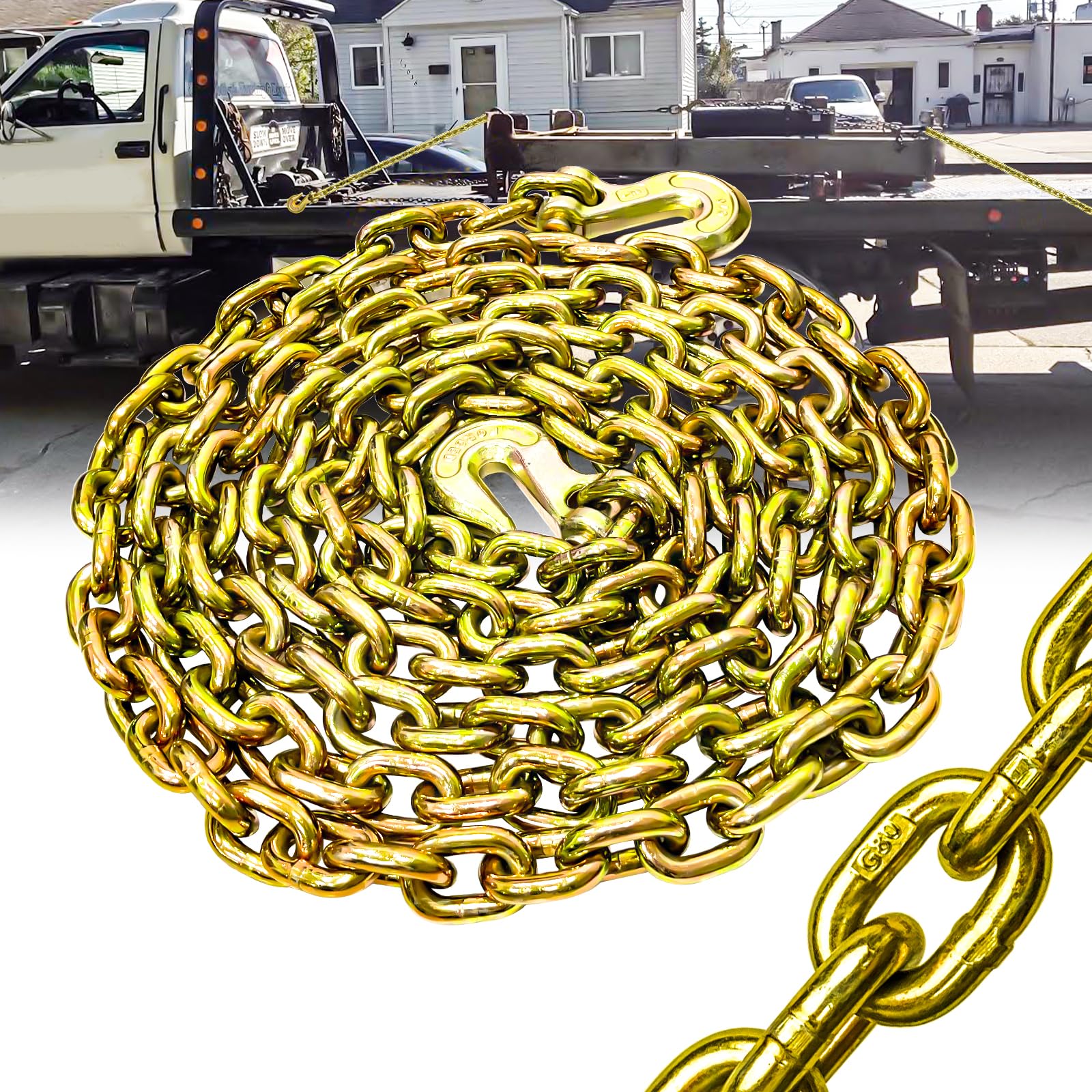 1/2 Inch x 20 Foot G80 Transport Binder Chain with Clevis Grab Hooks - 12,000 lbs Working Load Limit - Heavy Duty Towing Chain for Car Hauling, Equipment Transport & Vehicle Recovery