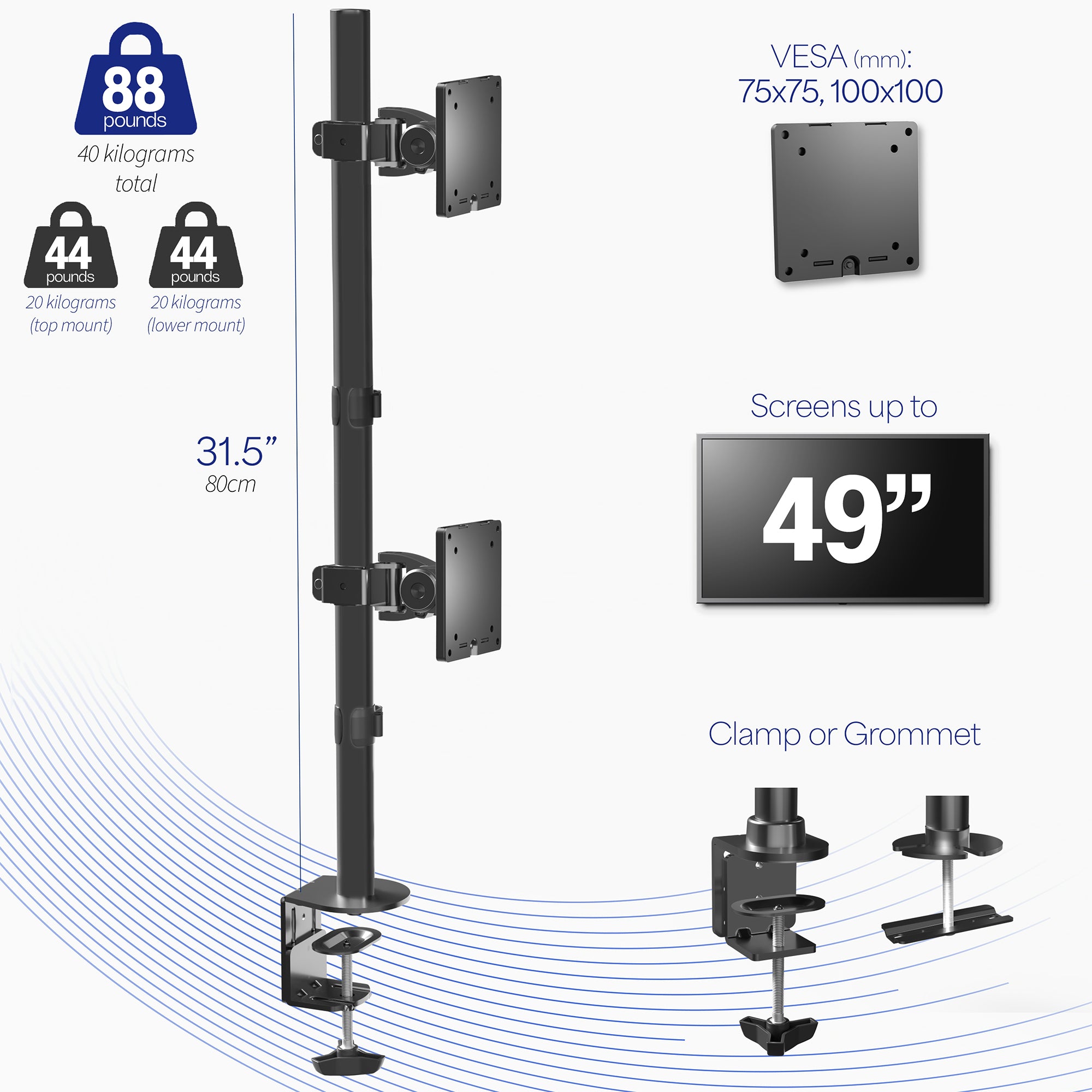 Dual Ultrawide Vertical Monitor Desk Mount Stand - Holds Up to 49 Inch Screens - Perfect for Gaming, Coding & Office Workstations