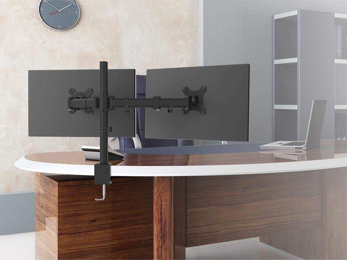 Monoprice 116246 Dual Monitor Arm Mount - Adjustable Articulating Stand for 13-32 Inch Screens, Black | Ergonomic Home Office & Gaming Setup