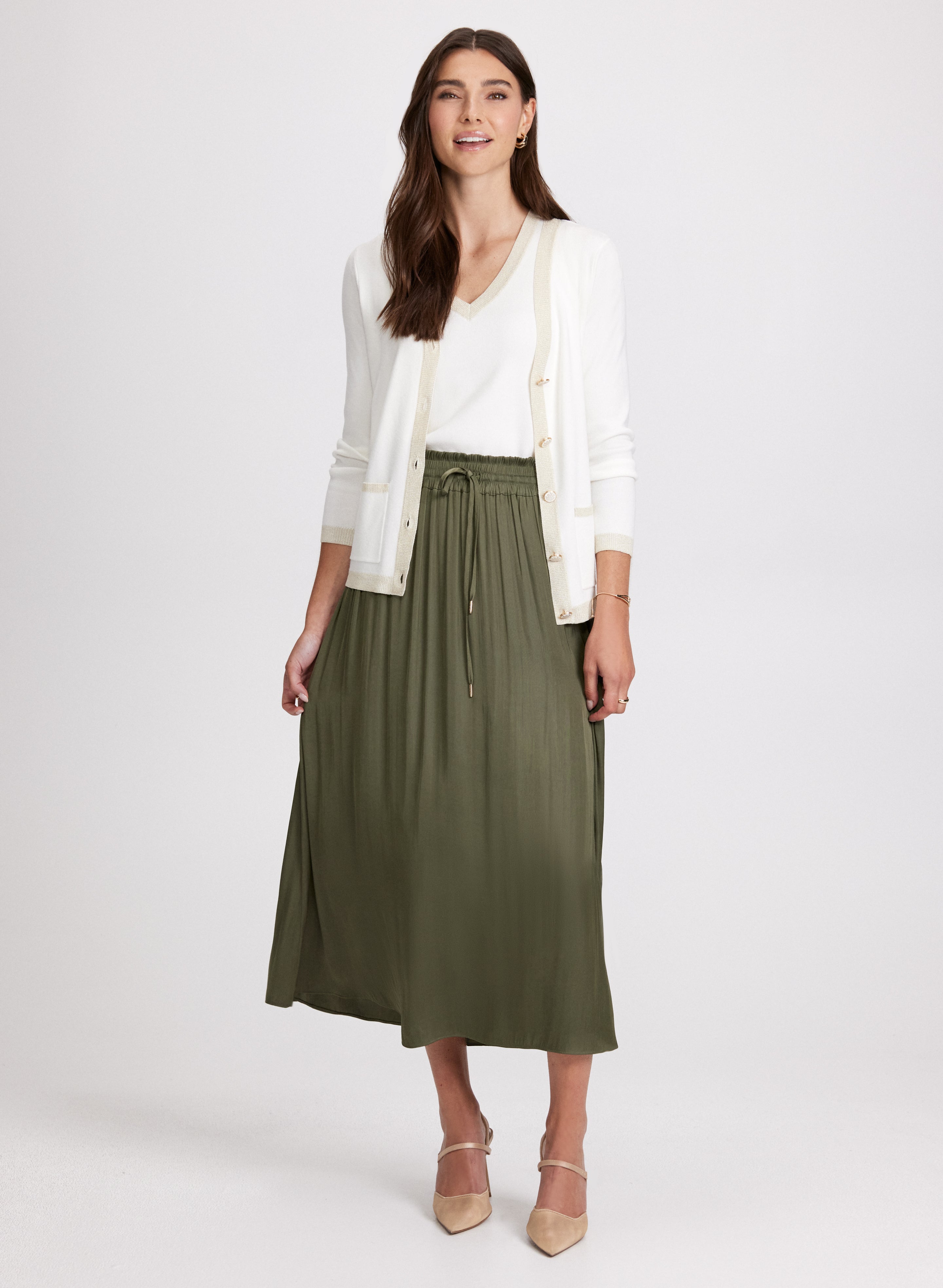 Stylish Button Up Cardigan & Elegant Satin Skirt Set - Women's Casual Outfit for Work, Dates & Fall Fashion