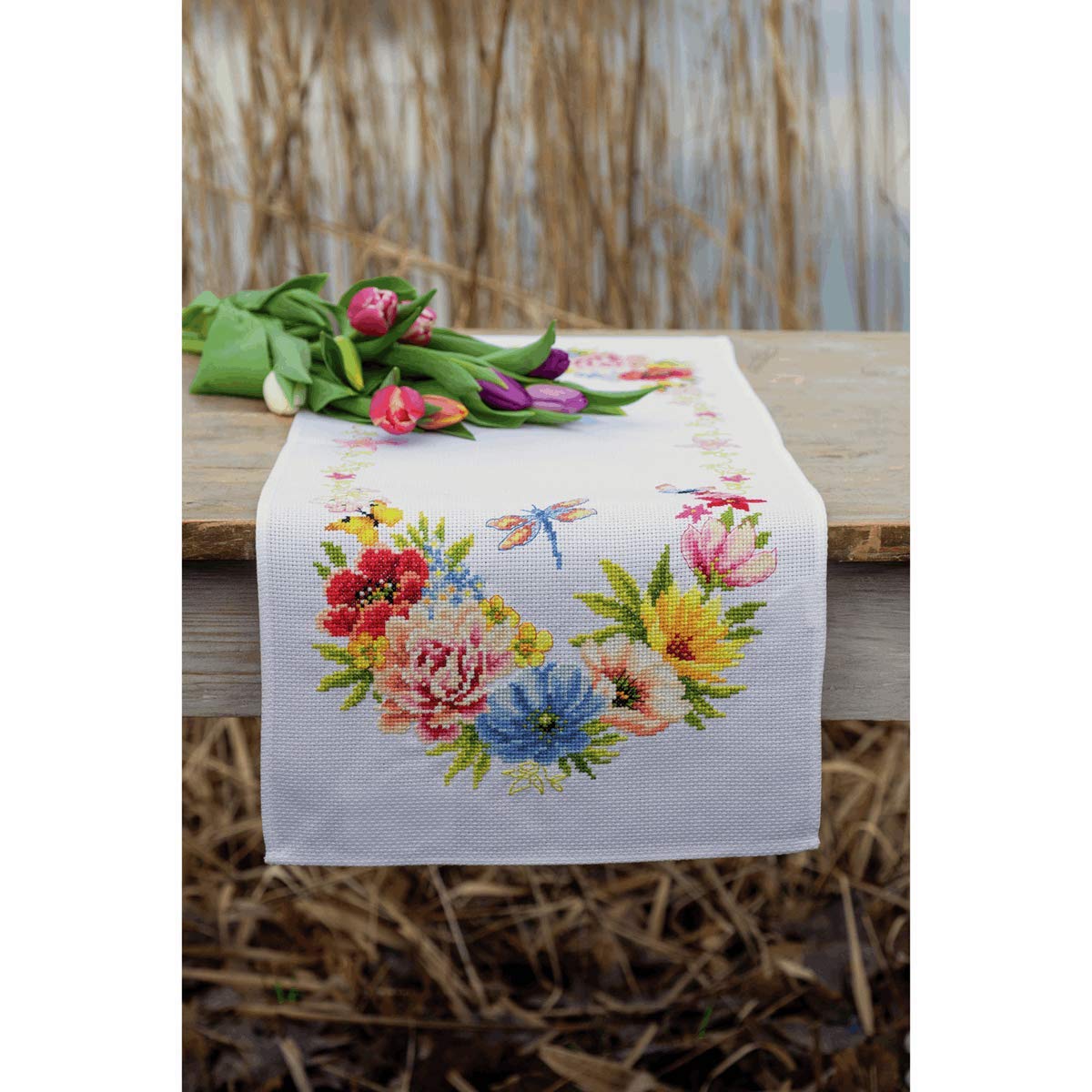 Vervaco Colorful Flowers Counted Cross Stitch Table Runner Kit - DIY Embroidery Kit for Home Decor, Perfect for Dining Table, Coffee Table, and Gift Giving