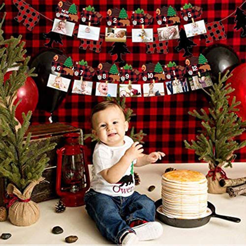 LaVenty Lumberjack First Birthday Banner - Woodland Theme Monthly Photo Banner for Baby's 1st Birthday Party Decorations - Perfect for Rustic Nursery, Outdoor Celebrations & First Year Milestone Photos