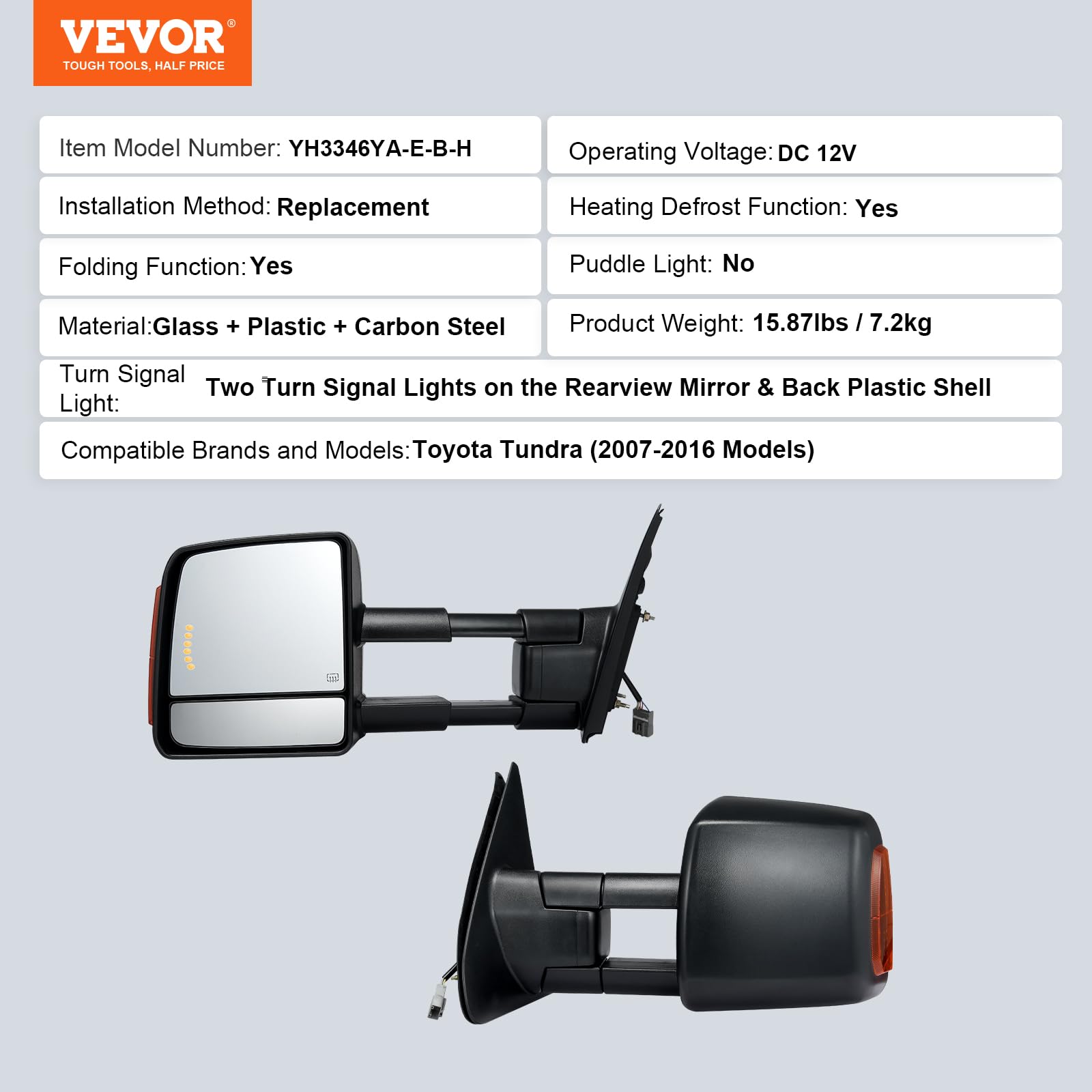VEVOR Power Heated Towing Mirrors for 2007-2016 Toyota Tundra - LED Turn Signal Lights, Adjustable Plane & Convex Glass, Manual Telescoping Folding - Perfect for Towing Trailers, Boats & RVs (Black)