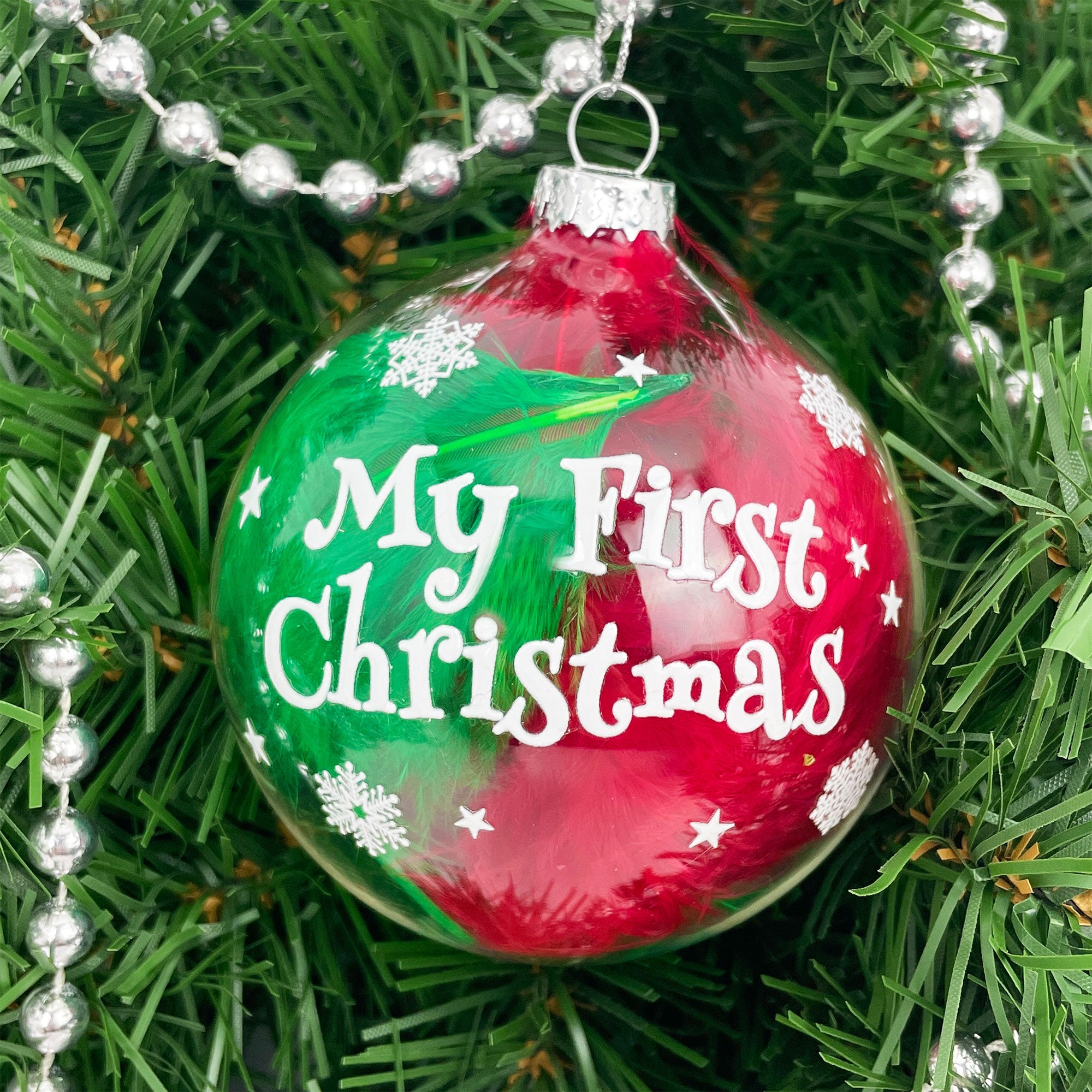 Personalized My First Christmas Ornament - Red and Green Feather Filled Glass Bauble for Tree Decorating, Gift Giving & Holiday Home Decoration