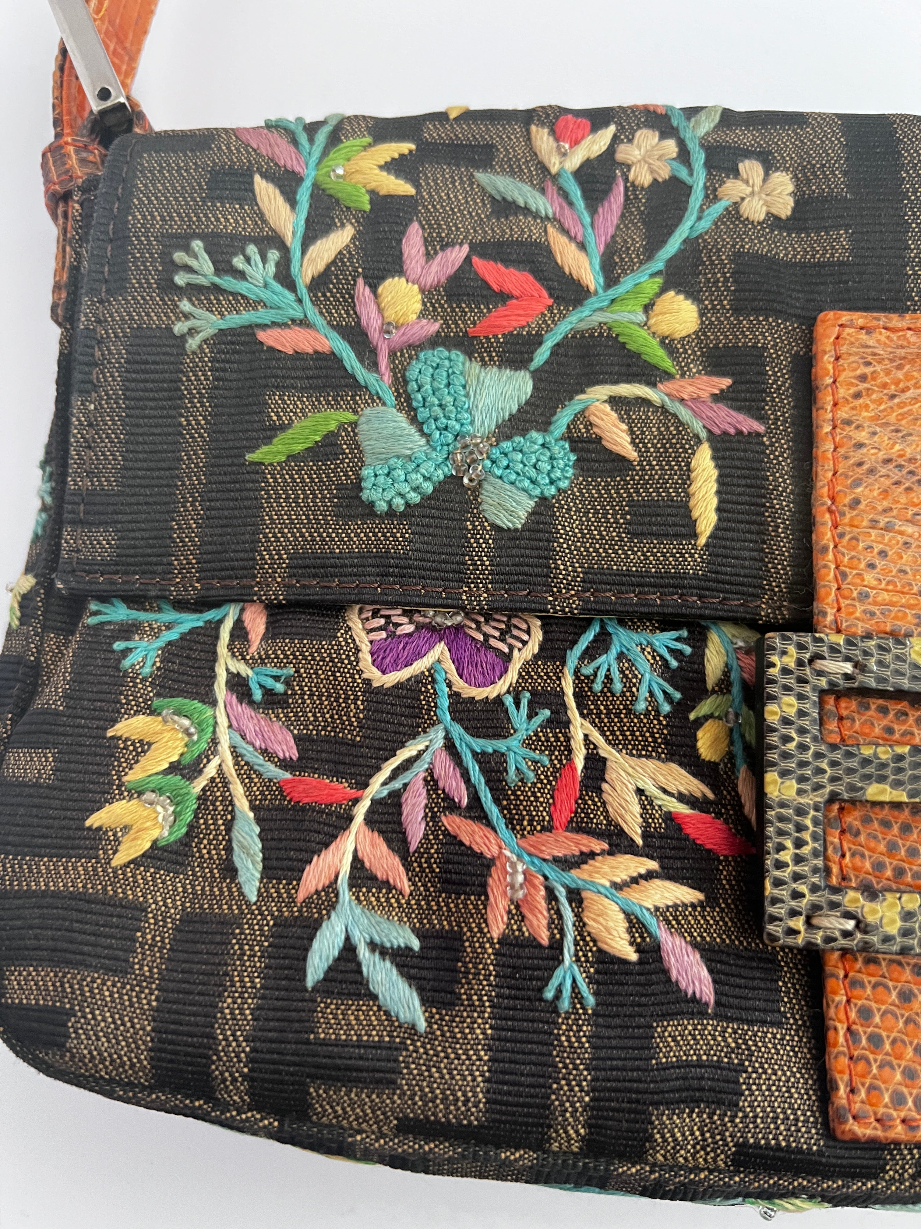 Vintage Fendi Embroidered Lizard Skin Trimmed Zucca Baguette Bag - Luxury Designer Handbag for Women, Perfect for Evening Parties & Special Occasions