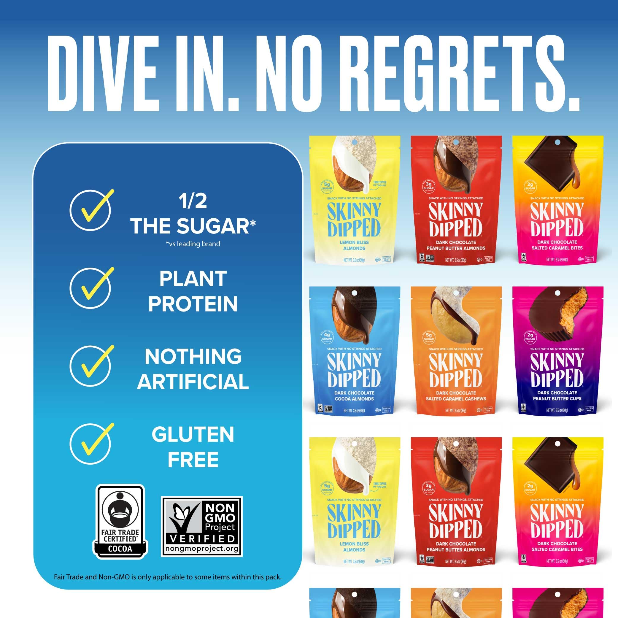 SkinnyDipped Faves Variety Pack - Healthy Snacks with Plant Protein, Gluten Free, Non-GMO, Low Sugar (6 Pack) | Perfect for On-the-Go, Office Snacks & Post-Workout Nutrition