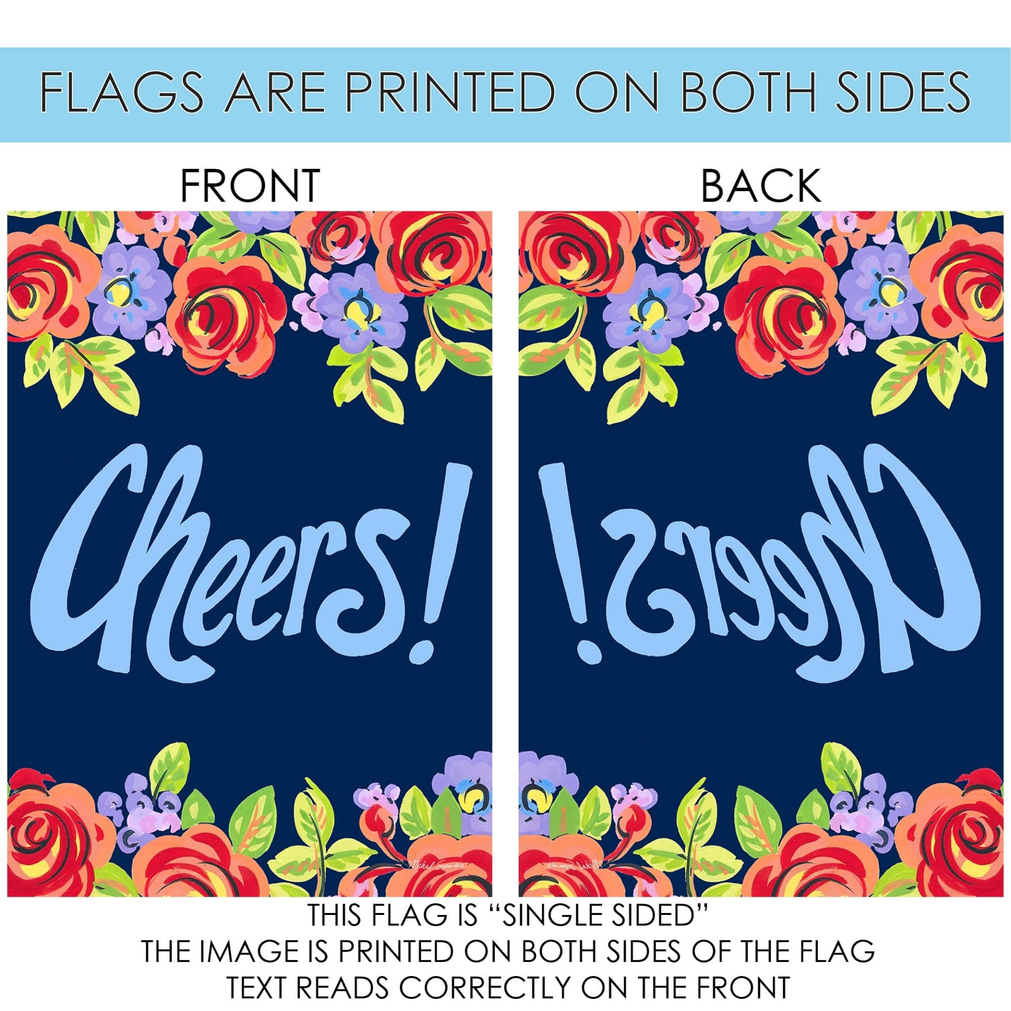 Toland Home Garden 12x18 Inch Double Sided Blue Floral Cheers Outdoor Garden Flag - Weather-Resistant Yard Decoration for Porch, Lawn & House Flower Beds