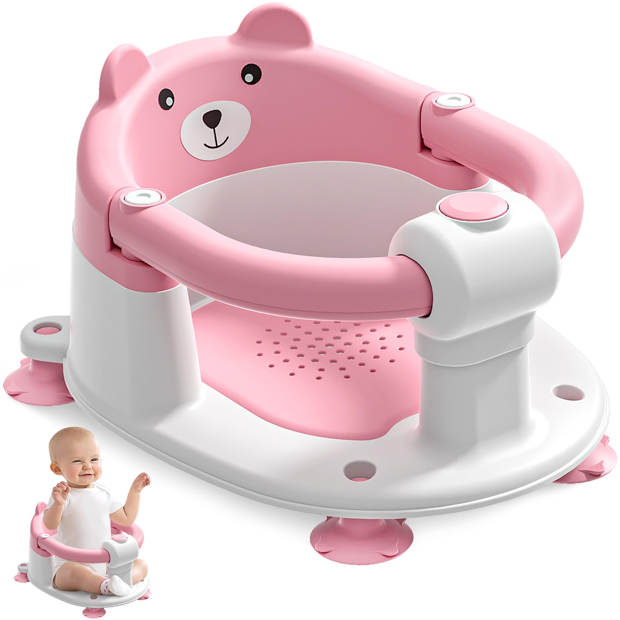 Non-Slip Baby Bath Seat for Infants 6-24 Months | Safe Toddler Bathtub Chair with 4 Suction Cups & Soft Cushion | Newborn Bathing Support for Sitting Up | Shower & Bath Time Safety Essential (Pink) - Perfect for Secure Bathing at Home or Travel