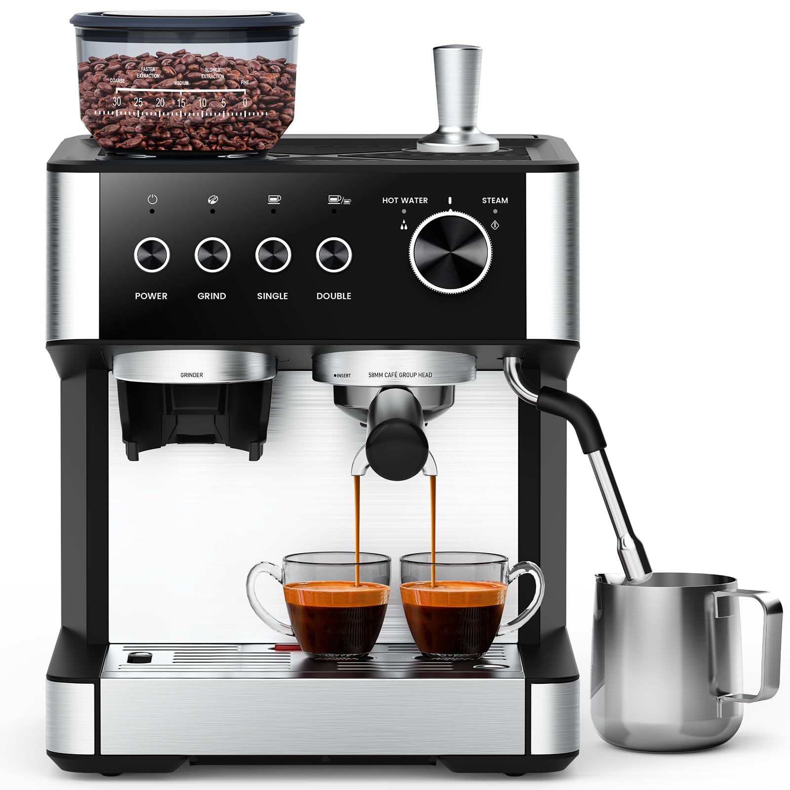 COWSAR 15 Bar Semi-Automatic Espresso Machine with Built-in 30-Position Grinder & Milk Frother - 77.8oz Removable Water Tank - Perfect for Making Latte, Cappuccino at Home or Office - Ideal Coffee Maker for Small Kitchens & Break Rooms