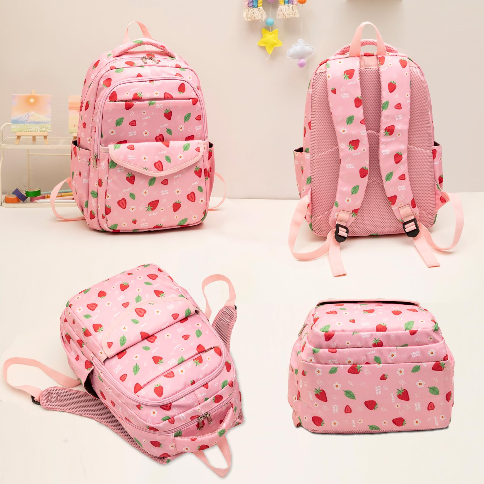 **Stylish Pink Strawberry Girls Backpack for Elementary & Middle School - Lightweight Book Bag with Lunch Box - Perfect for School, Travel & Daily Use**