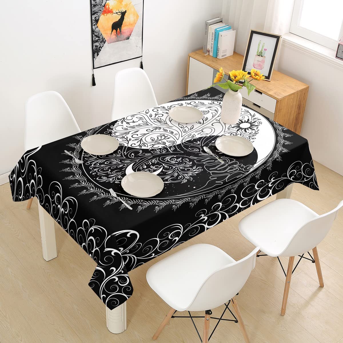 Waterproof Black & White Tai Chi Tablecloth - 55 x 55 Inch Square Table Cover for Kitchen & Dining Room | Home Decor, Feng Shui Artwork, Durable & Easy Clean | Perfect for Meditation Spaces, Tea Ceremonies & Asian-Themed Dining