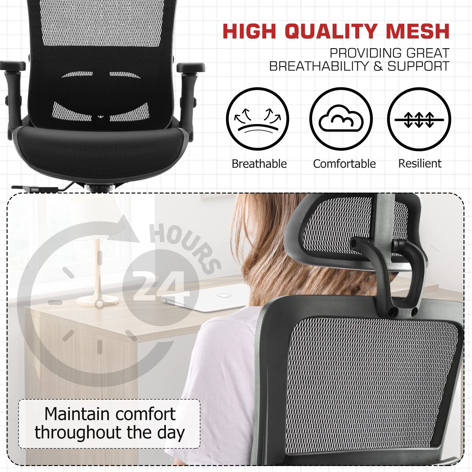 Ergonomic Mesh Office Chair with High Back, 3D Adjustable Armrests, Lumbar Support & Headrest - Black - Perfect for Home Office, Gaming & Computer Workstations