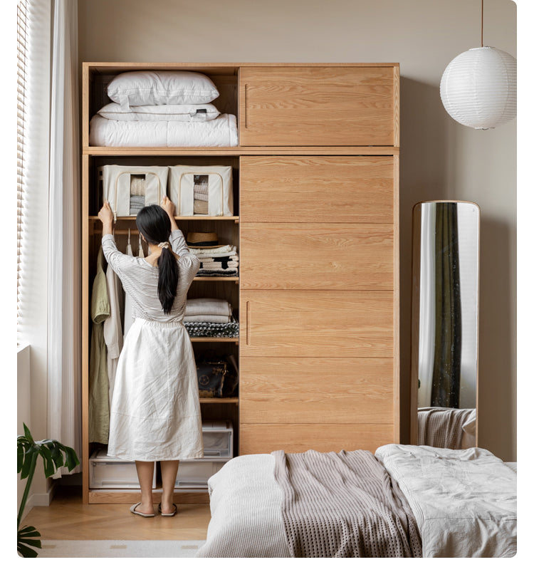 Solid Oak Wood Sliding Door Wardrobe Closet - Modern & Durable Storage for Bedroom, Living Room, or Walk-In Closet Organization