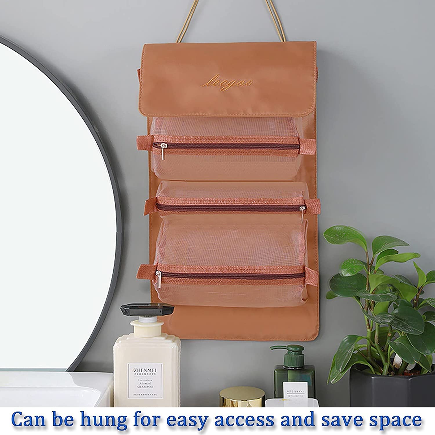 VALAMJI 4-in-1 Detachable Hanging Toiletry Bag - Foldable Travel Makeup Organizer with Removable Dividers, Portable Cosmetic Bag for Women & Girls (Brown) - Perfect for Travel, Camping & Gym Essentials Storage
