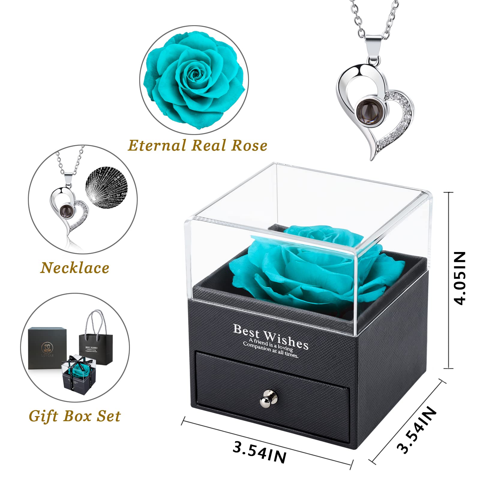 Handmade Eternal Preserved Real Rose in Gift Box with Heart Necklace - Perfect Mother's Day, Birthday, Anniversary & Wedding Gift for Wife & Women - Romantic Keepsake for Home Decor & Special Occasions