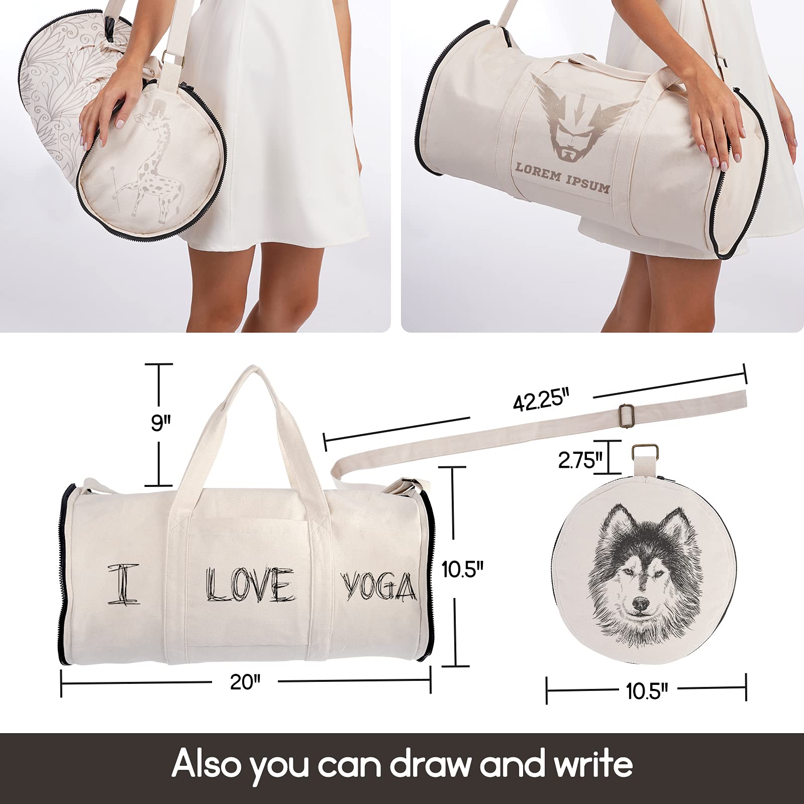 20 Inch Foldable Gym Bag for Men & Women - Lightweight Duffel Bag with Inner Pockets - Perfect for Sports, Travel & Workout (Rice White, Medium Size)