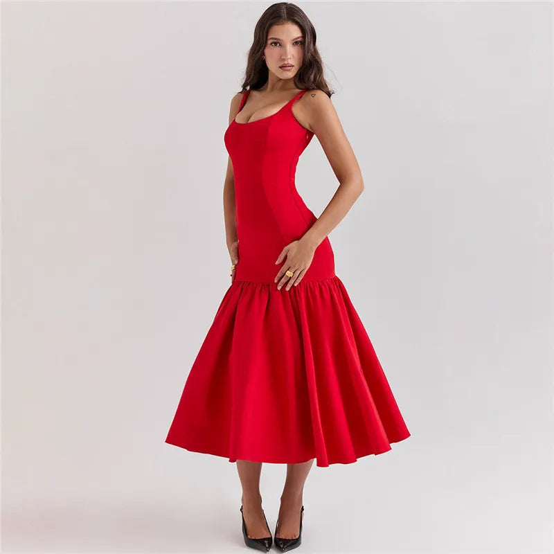 Elegant Backless Maxi Fishtail Dress for Women - Square Collar Sleeveless Loose Pleated Long Gown | Perfect for Evening Parties, Weddings & Special Occasions