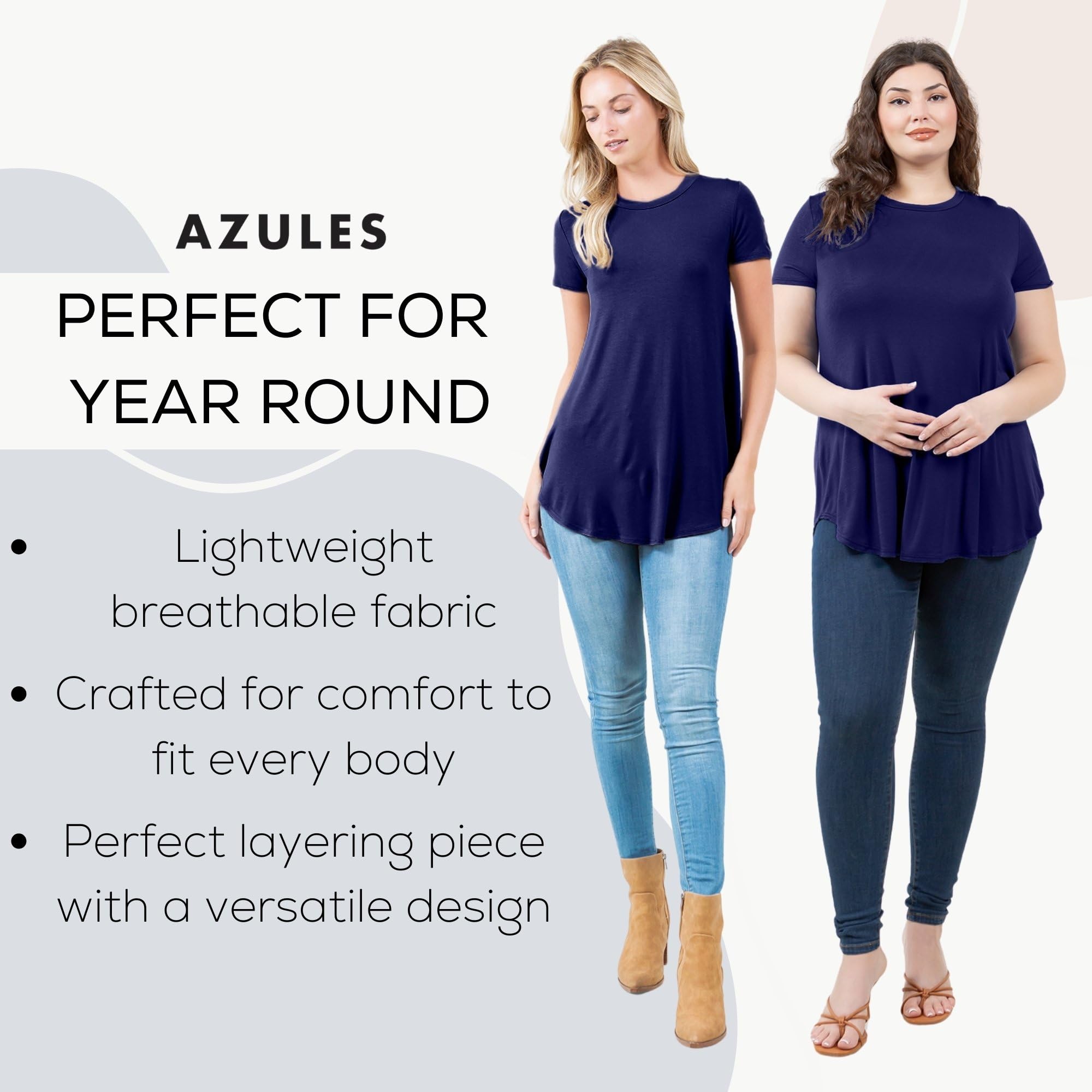 Azules Women's Short Sleeve Tunic Tops - Flowy Scoop Neck Blouse for Leggings | Casual Summer Outfit & Layering Shirt for Work, Travel & Daily Wear