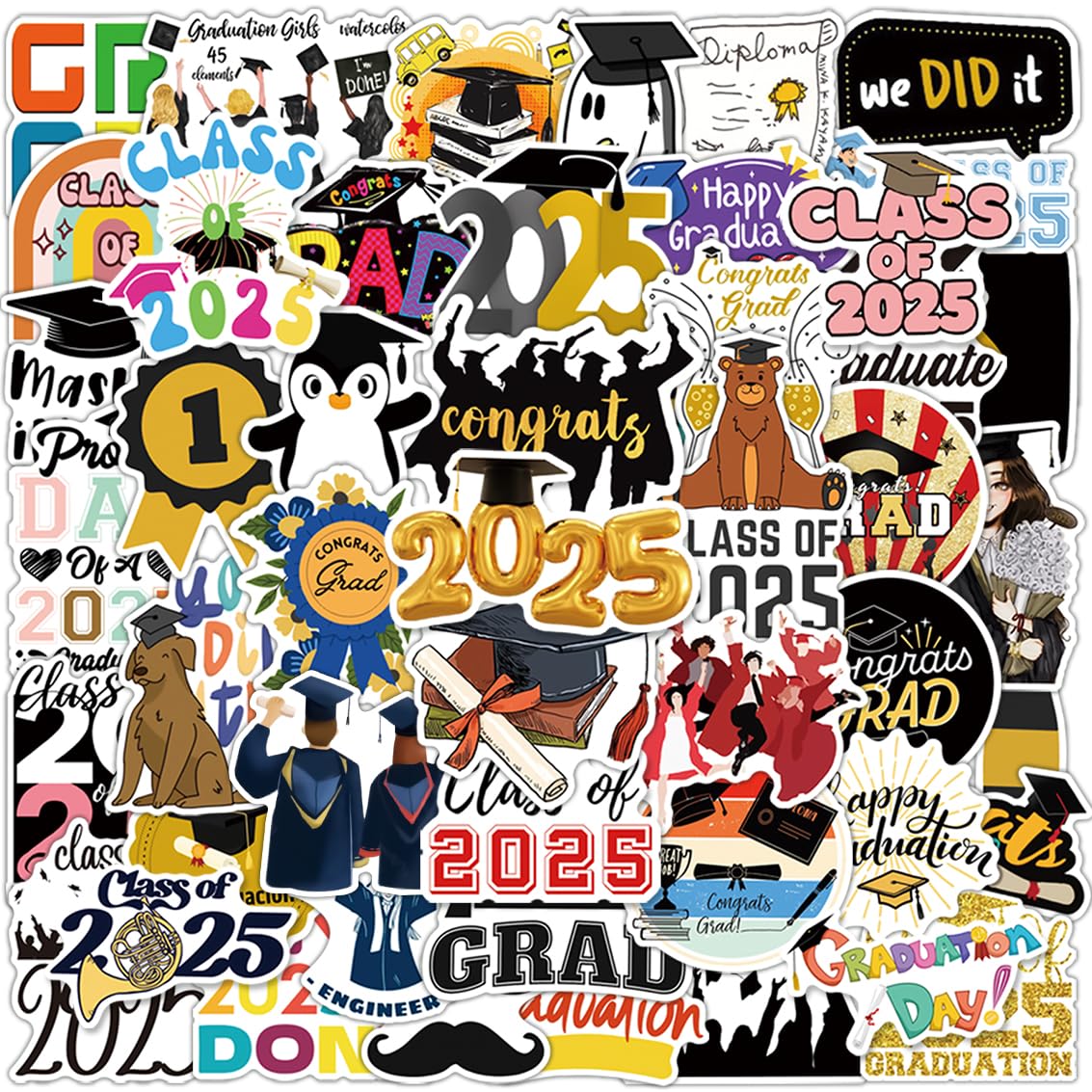 50Pcs Graduation Stickers 2025 - College Class of 2025 Vinyl Stickers for Graduation Party Decorations, Water Bottles, Laptops & Skateboards - Waterproof, Durable Decals for Graduation Gifts & School Celebrations