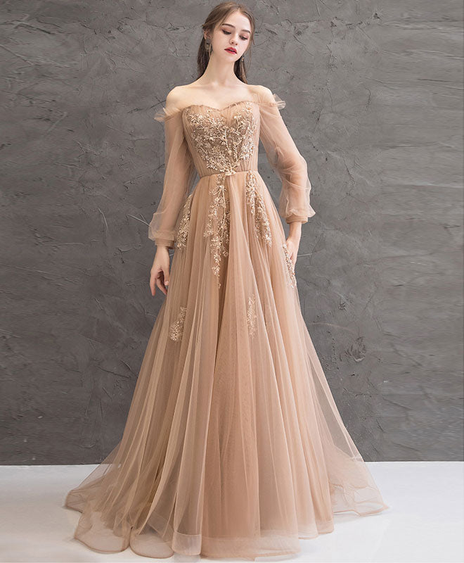 Elegant Champagne Tulle Lace Long Prom Dress for Women - Formal Evening Gown for Homecoming, Wedding, Party & Special Occasions