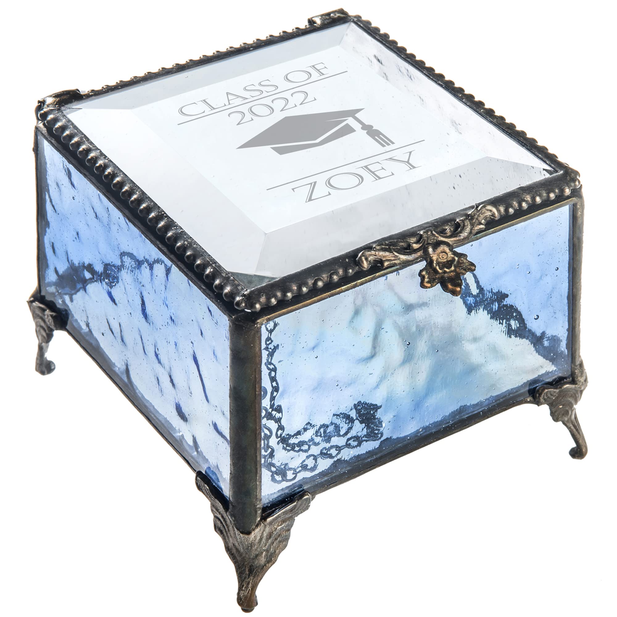 Personalized Graduation Jewelry Box for Women - Engraved Glass Keepsake Gift for High School & College Graduates - Class of 2024 Gift Idea - Perfect for Dorm Room, Dresser Decor & Special Occasions (Blue)