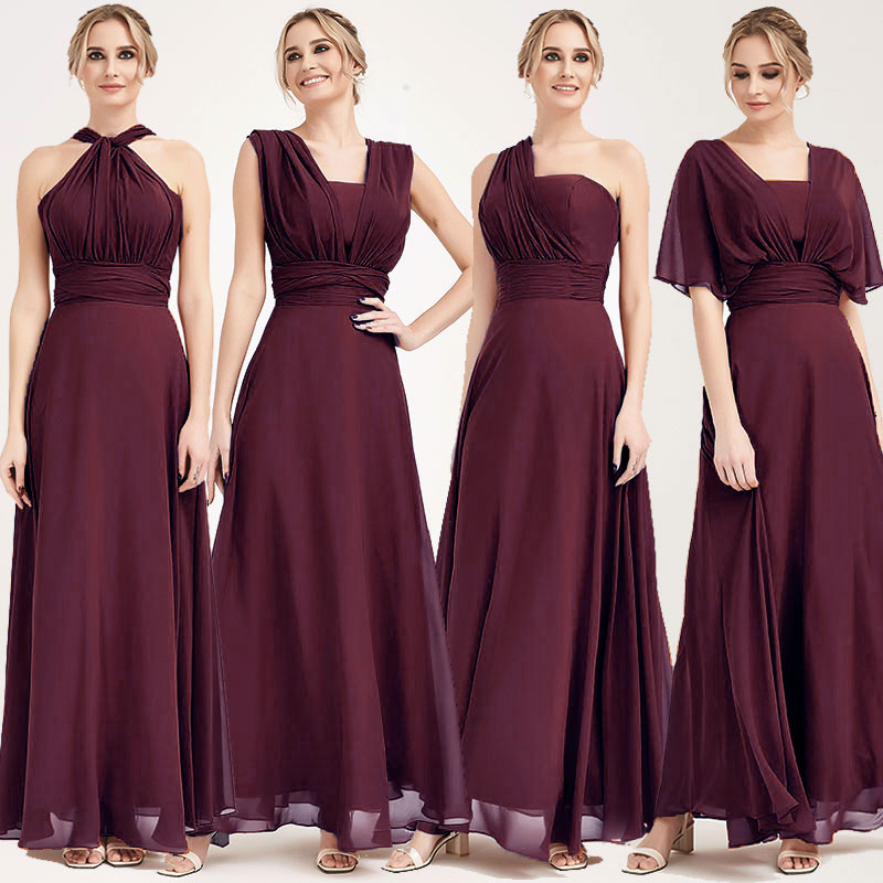 Elegant Burgundy Convertible Chiffon Bridesmaid Dress - Wrap Style Floor Length Gown for Weddings, Formal Events & Special Occasions
