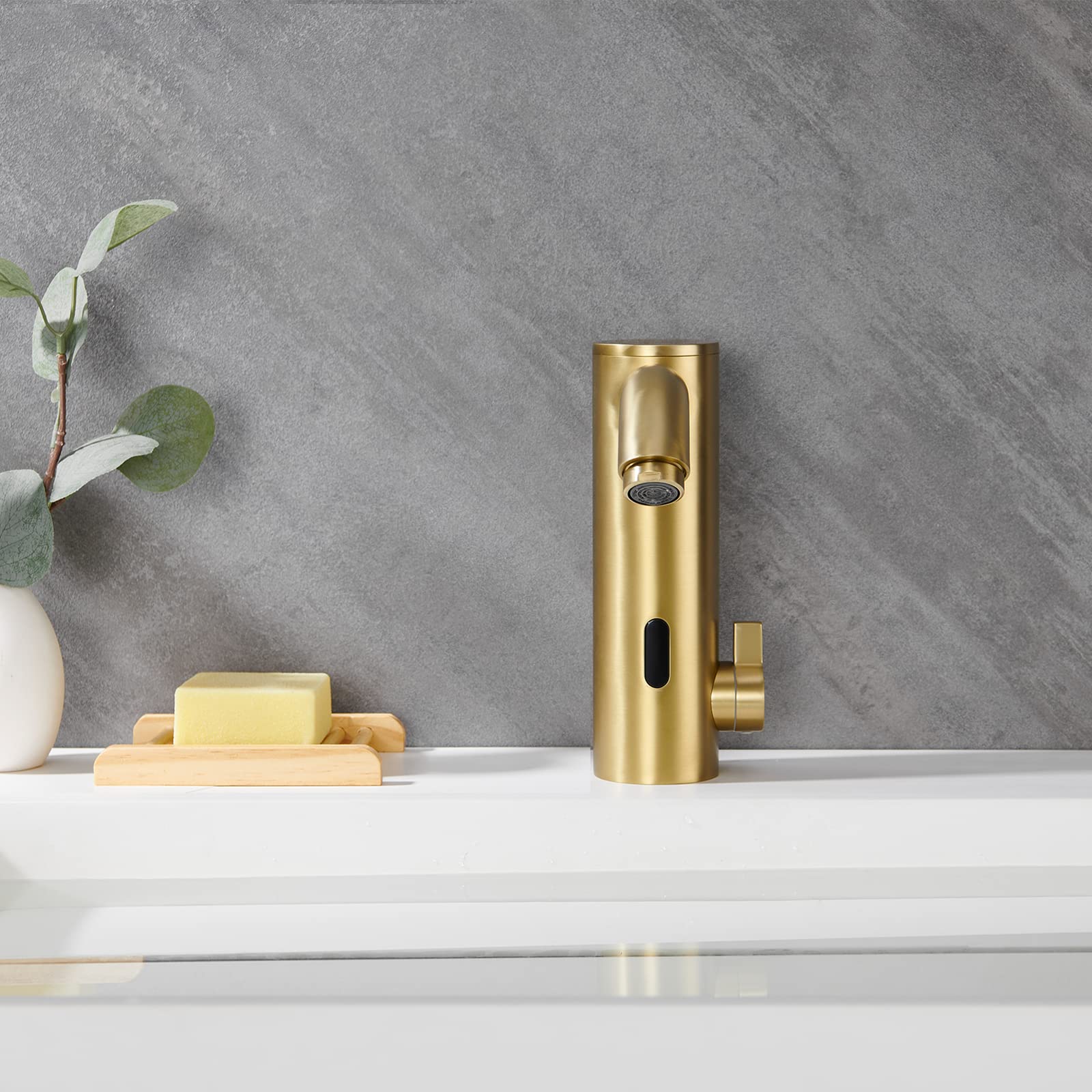Touchless Bathroom Sink Faucet - Automatic Sensor Hands-Free Vanity Faucet with Temperature Mixer & Control Box, Chrome Gold Finish with Hole Cover Plate - Perfect for Modern Homes, Public Restrooms & Water-Saving Applications