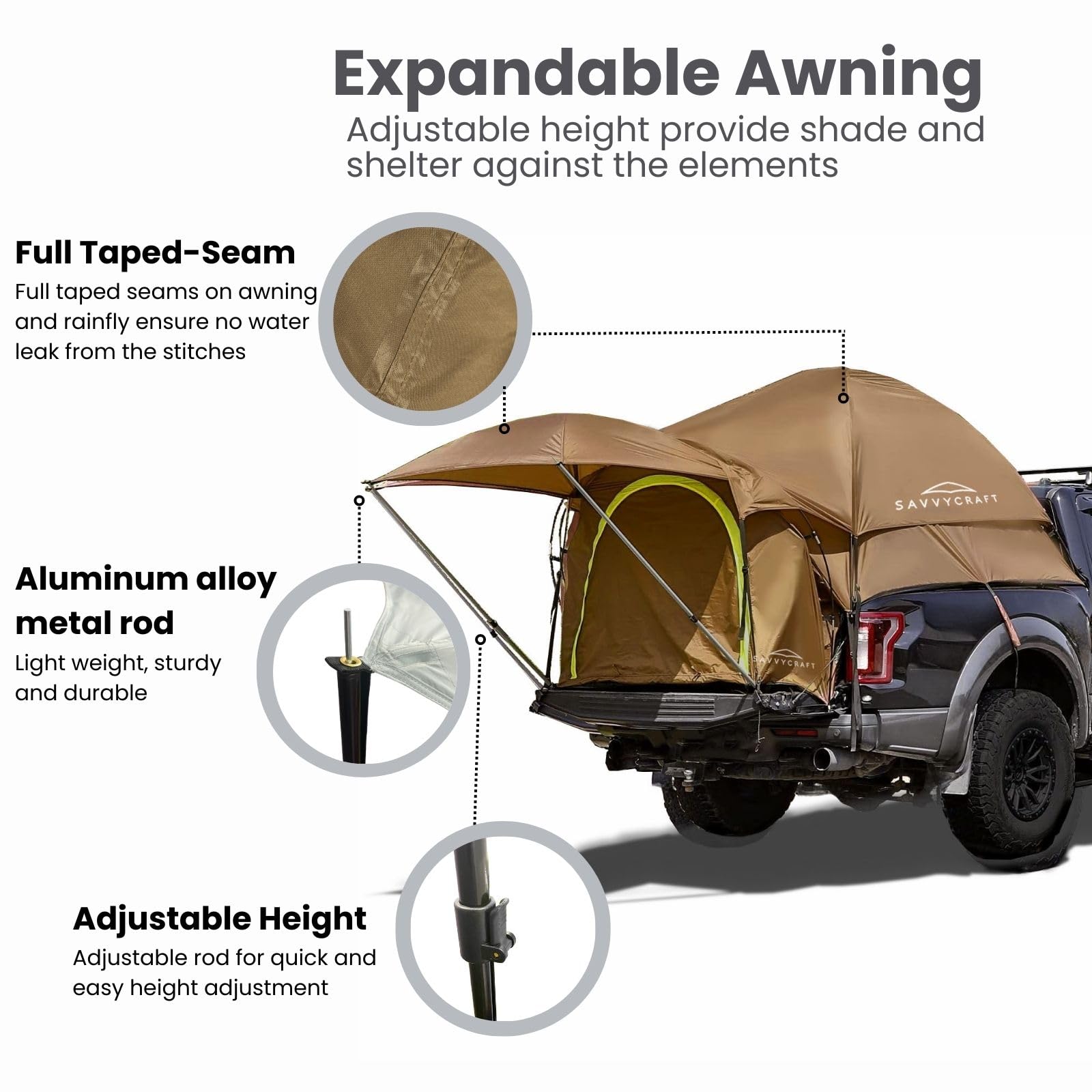 Savvycraft Waterproof Truck Tent for Full & Mid Size Trucks - P3000mm 2-Person Double Layer Camping Tent with Expandable Awning, Rainfly & Storage Bag (Fits Short/Long Beds) - Perfect for Road Trips, Camping Adventures & Outdoor Getaways