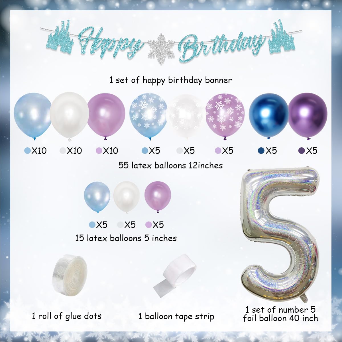 Ice Princess 5th Birthday Party Decorations Kit - Snowflake Balloon Garland Arch, Blue White Purple Theme for Girls Birthday Party | Perfect for Frozen-Themed Celebrations, Princess Parties & Winter Wonderland Events