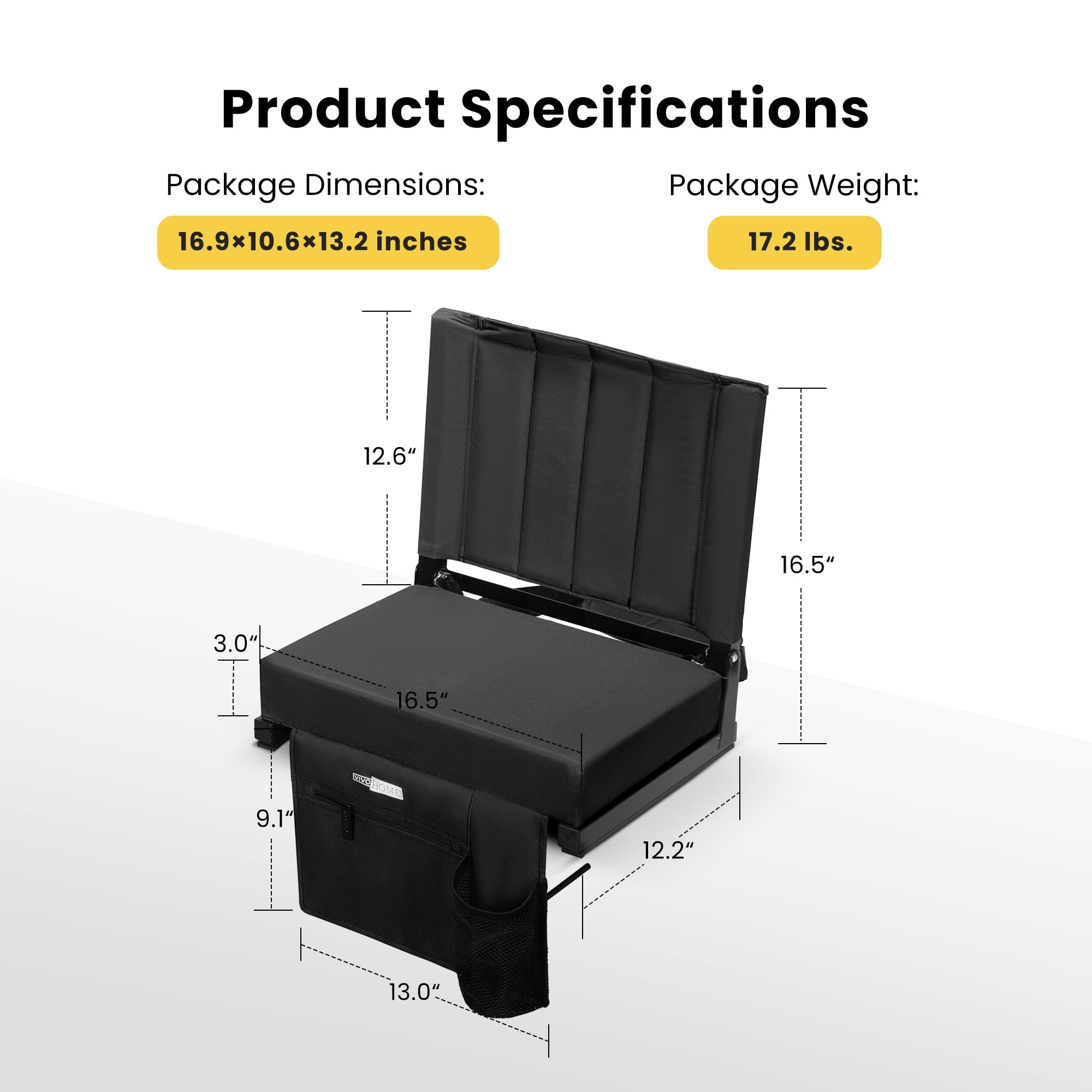 VIVOHOME 2 Pack Portable Stadium Seats with Back Support & Cushion - Bleacher Chairs with Cup Holder & Shoulder Strap - Perfect for Football Games, Baseball Matches & Outdoor Events (Black)