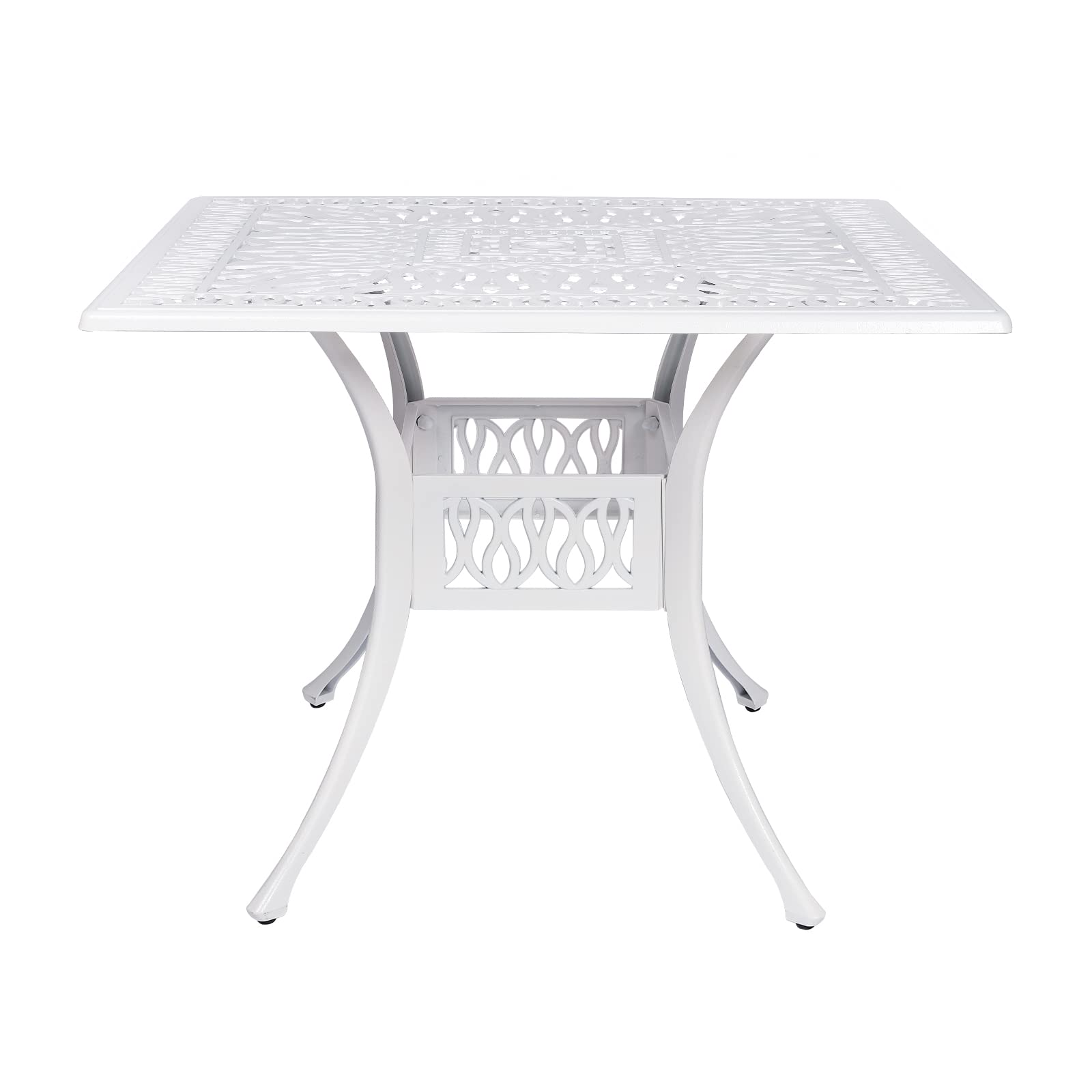VIVIJASON 35.4 Inch Square Outdoor Patio Dining Table - White Rustic Cast Aluminum Furniture with Umbrella Hole - Perfect for Backyard, Garden, Poolside & Outdoor Entertaining